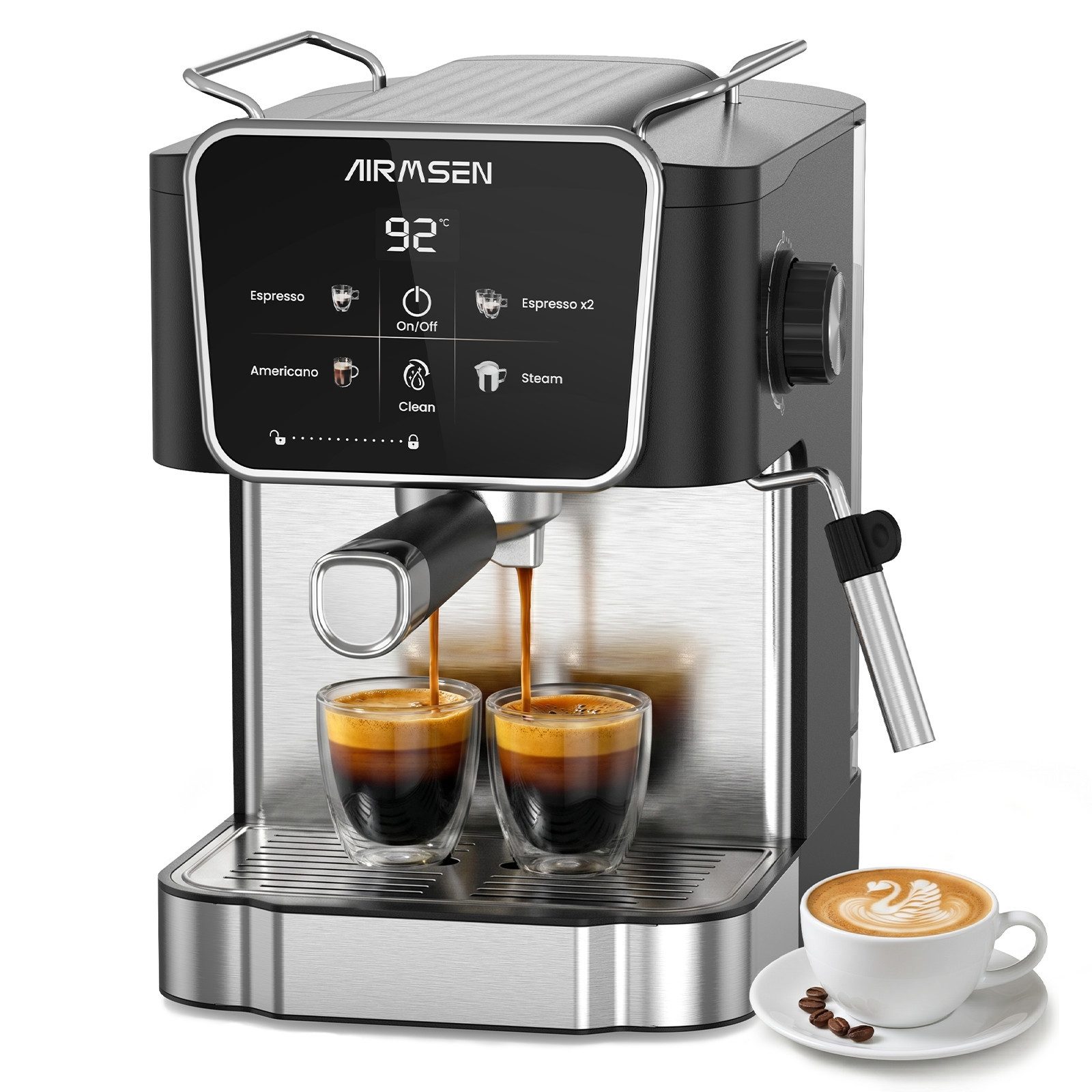Airmsen Espressomaschine 20 Bar Siebträgermaschinen mit Milchaufschäumdüse,LCD-Touchscreen, 1.8L Wassertank, für Espresso, Cappuccino & Latte Macchiato für Zuhause