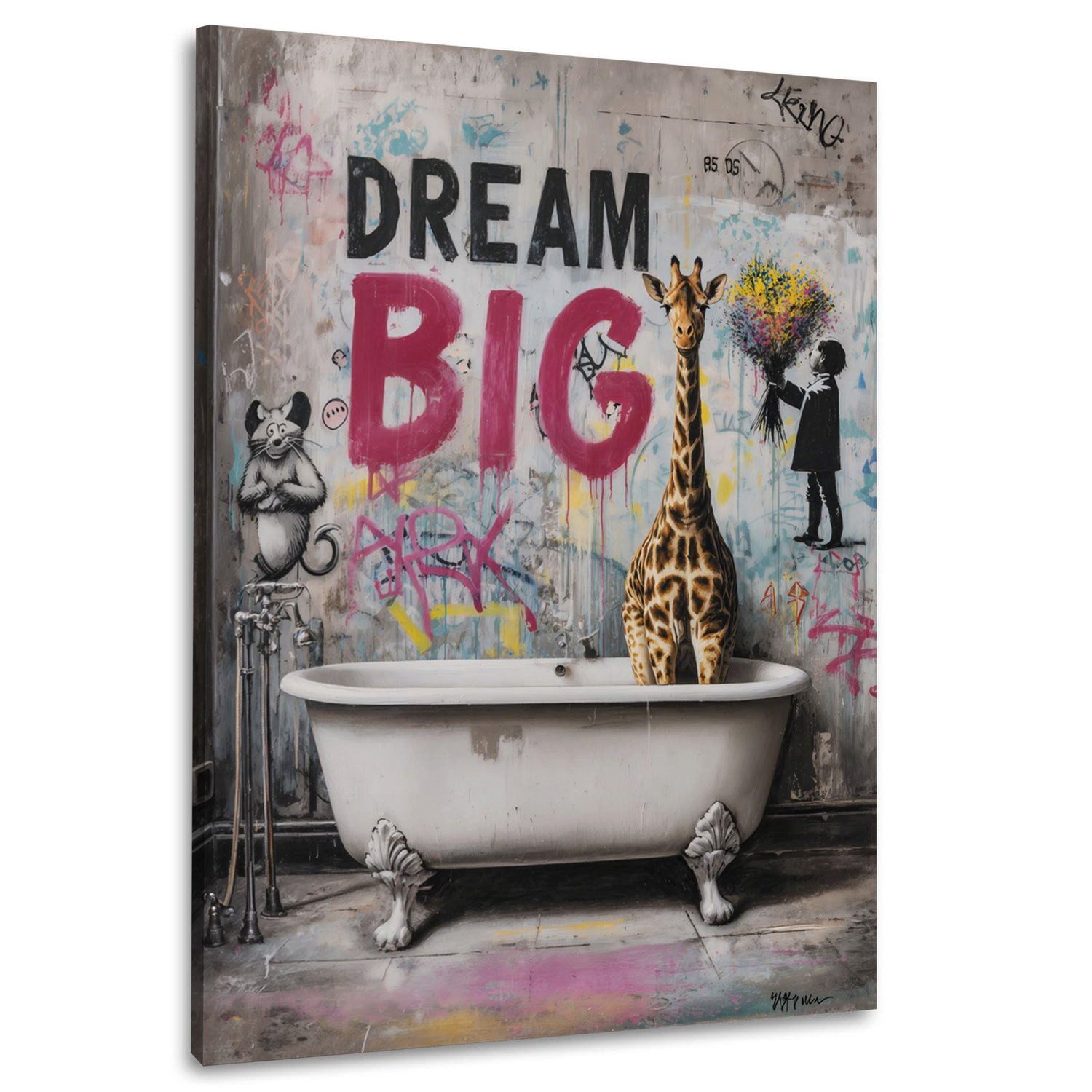 Artedinoi Leinwandbild Graffiti Dream Big Badezimmer mit Giraffe Leinwandbild Wandbild Kunstd, Giraffe im Badezimmer, Dream Big