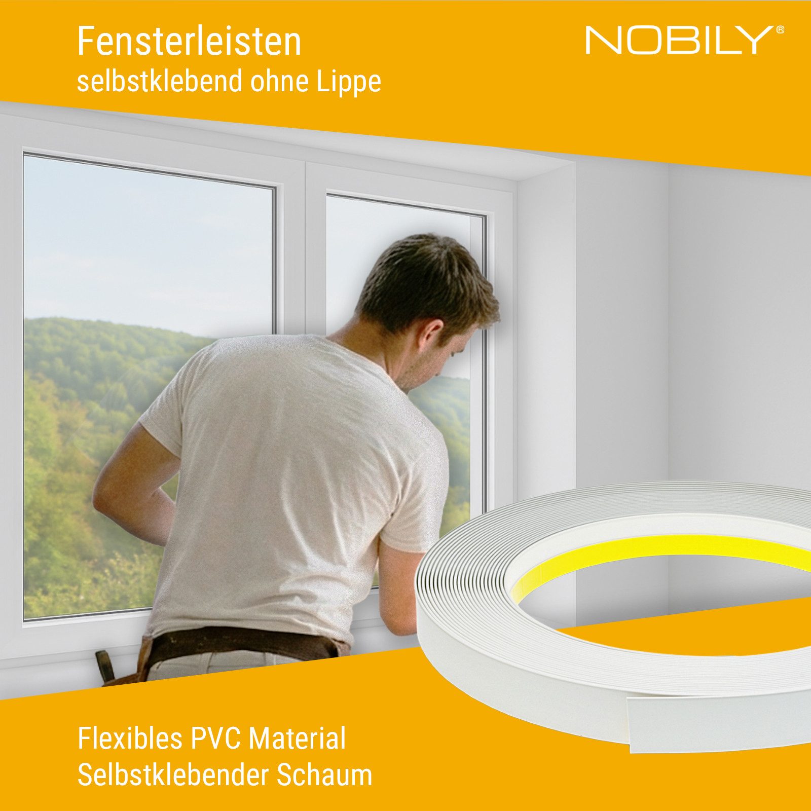 Nobily Fensterleiste PVC, 20mm ohne Lippe, selbstklebend, Zierleisten zur Montage, selbstklebend, Kunststoff, Farbe: Weiß