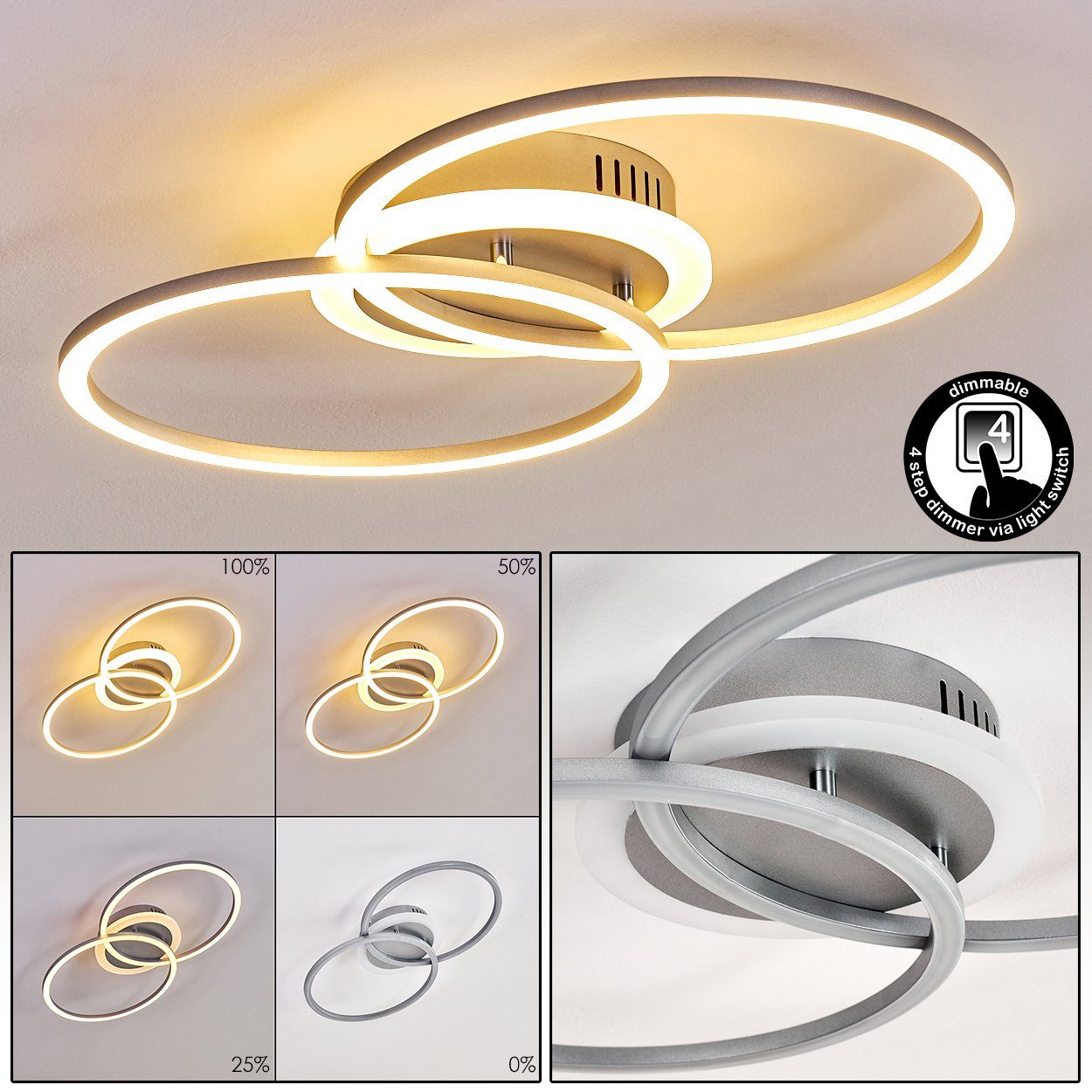 hofstein Deckenleuchte »Austis« dimmbare Deckenlampe aus Metall in Silber, 3000 Kelvin, 2600 Lumen, dimmbar über den Lichtschalter