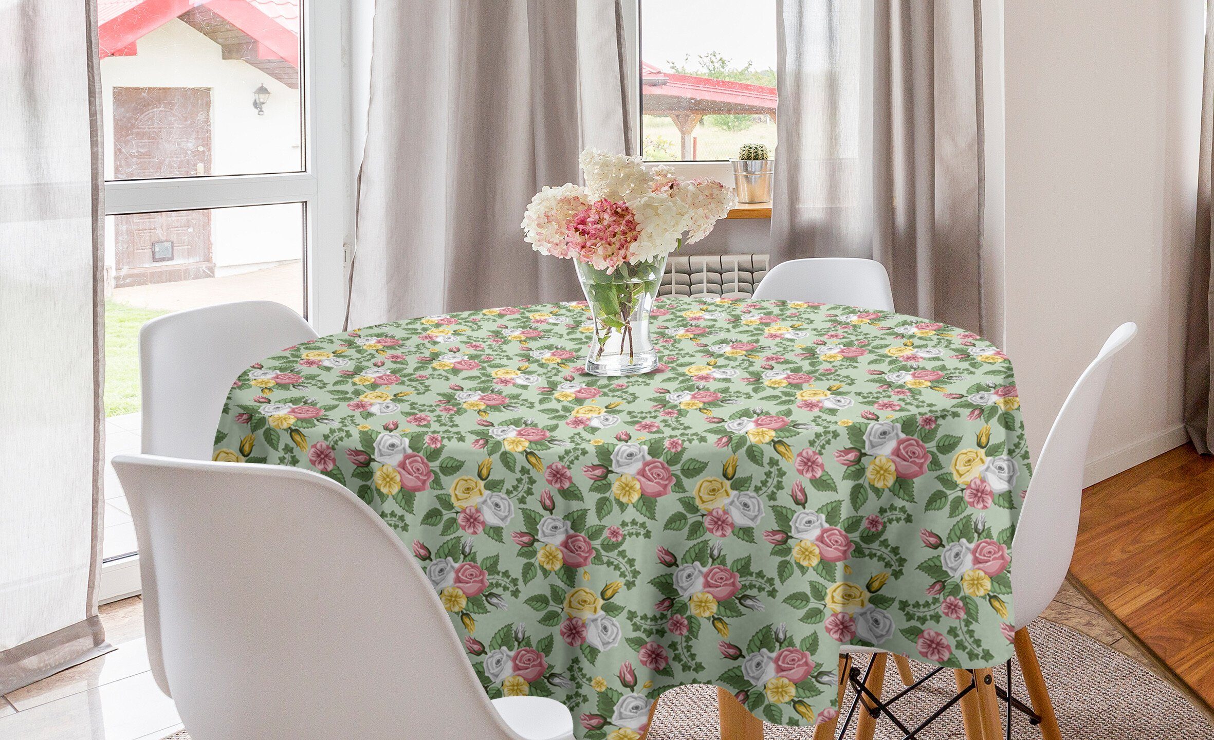 Abakuhaus Tischdecke Kreis Tischdecke Abdeckung für Esszimmer Küche Dekoration, Romantisch Englisch Garten Bouquets