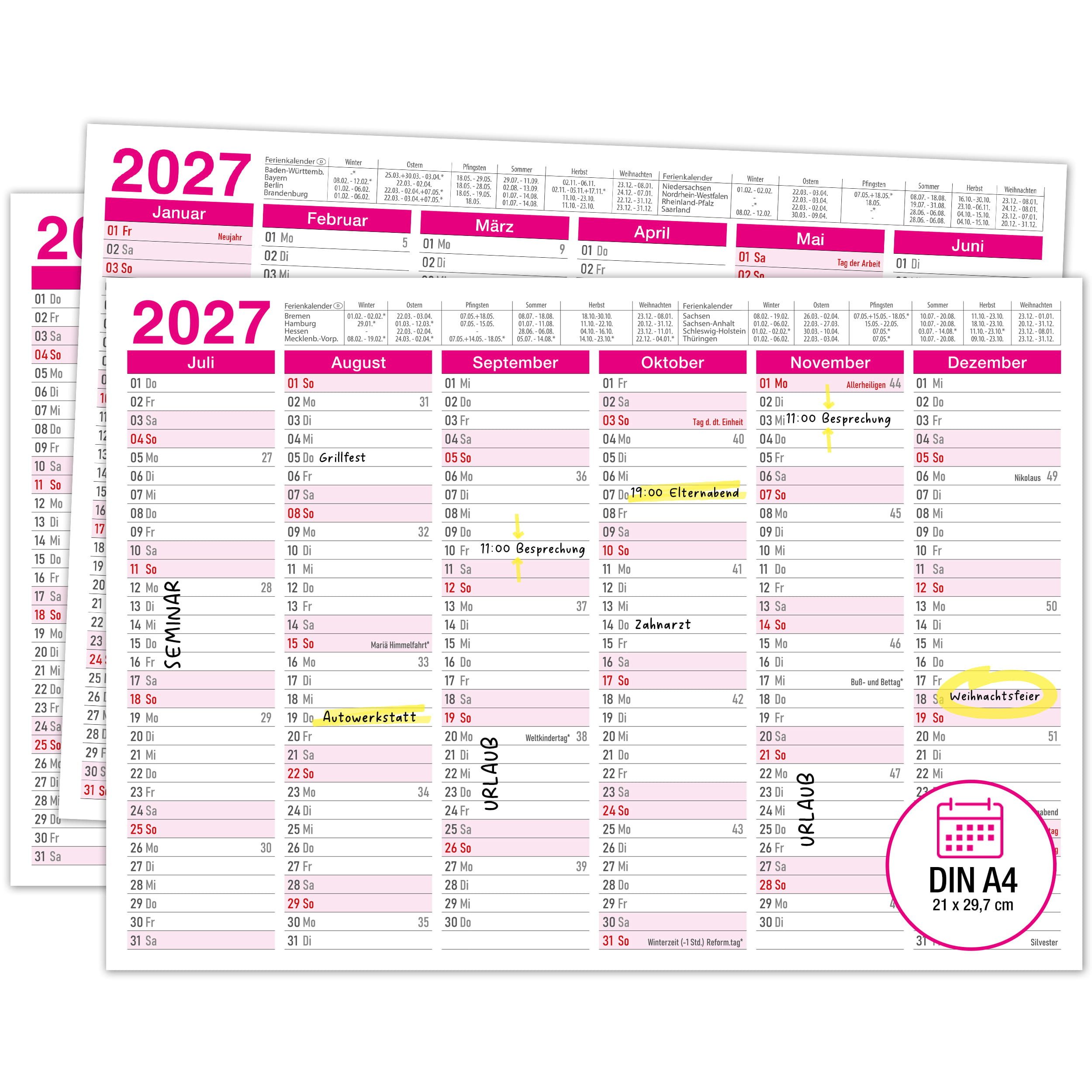 TOBJA Wandkalender Tafelkalender 2027 Pink DIN A4 3er Set Halbjahreskalender Salon, 350g Papier, Ferien & Feiertage, Kalenderwochen, A4 Querformat