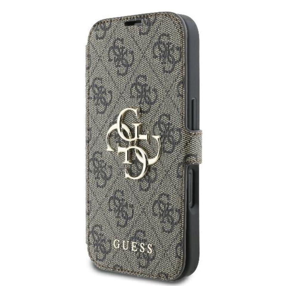 Guess Handyhülle Bookcase iPhone 16 Plus braun Logo goldfarben aufstellbar 6,7 Zoll, Kantenschutz