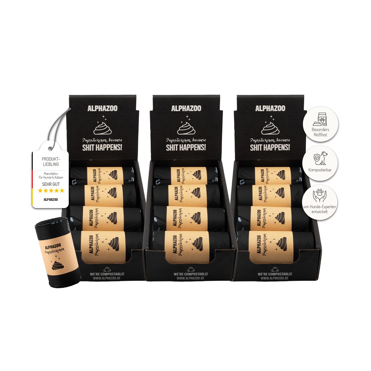 ALPHAZOO Hundekotbeutel Pupssäckchen Kotbeutel 3 x 120 Stück, Kompostierbare Kotbeutel Hunde