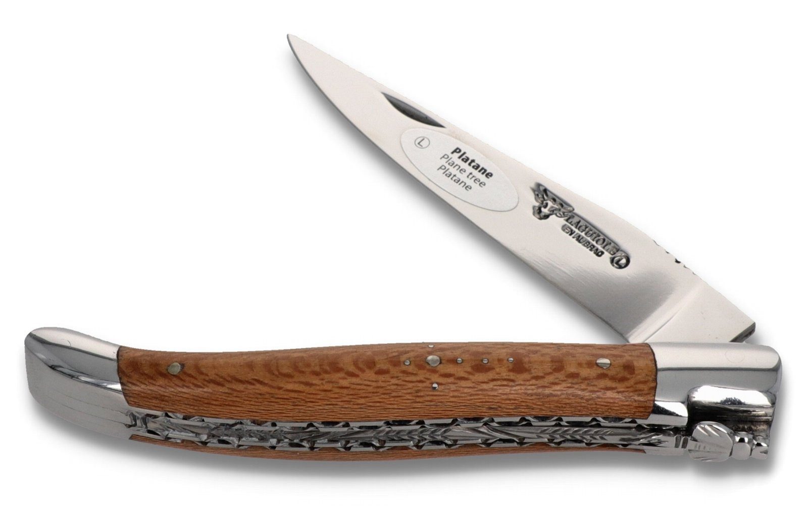 Laguiole en Aubrac Taschenmesser L0712PYNIF-BRI, Griff 12cm Platane - Feder verziert - Doppelplatine - Stahl glänzend