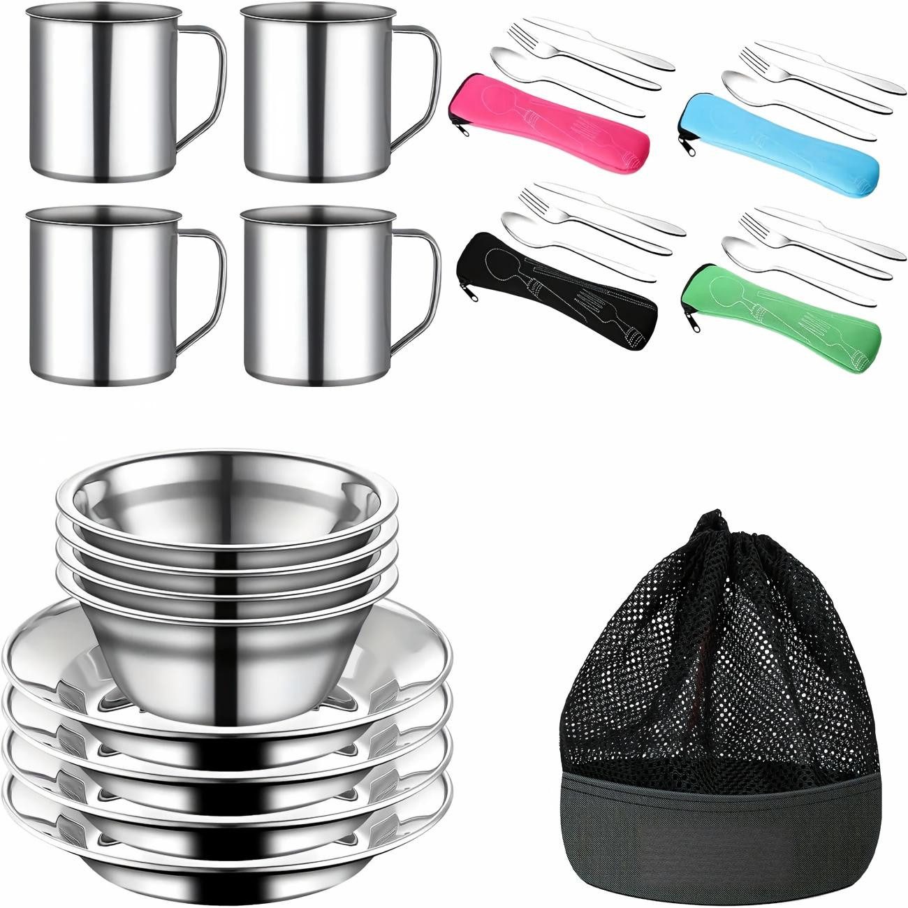Kityhome Geschirr-Set Camping Besteck Set 29-teilig Edelstahl Campinggeschirr Set (29-tlg), 4 Personen, Edelstahl, 29-teiliges,für Wohnmobil/Outdoor/Reisen/Camping/Wandern/Picknick