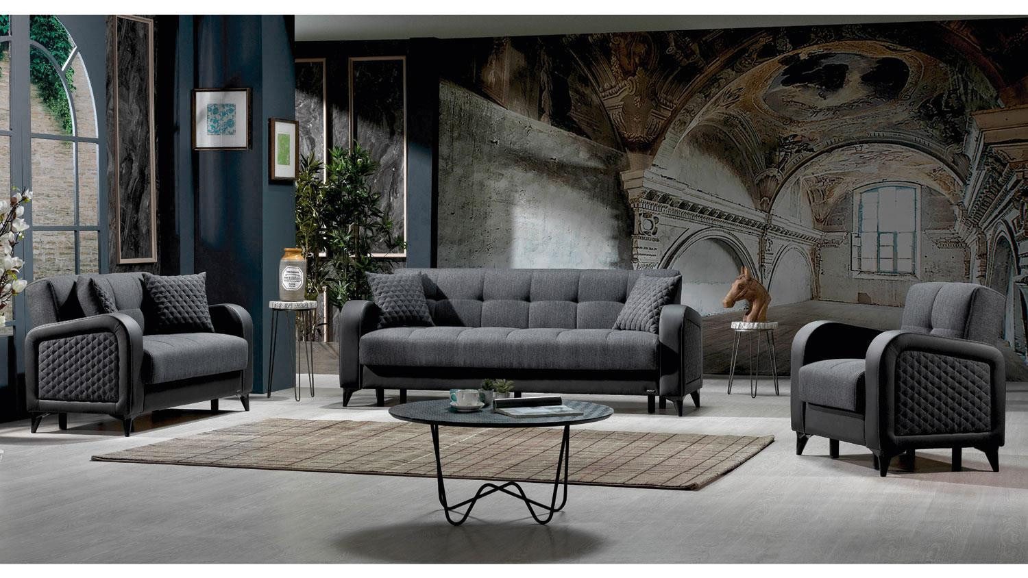 Möbel Akut Polstergarnitur Polstergarnitur River 3-teilig dunkelgrau schwarz Bettfunktion