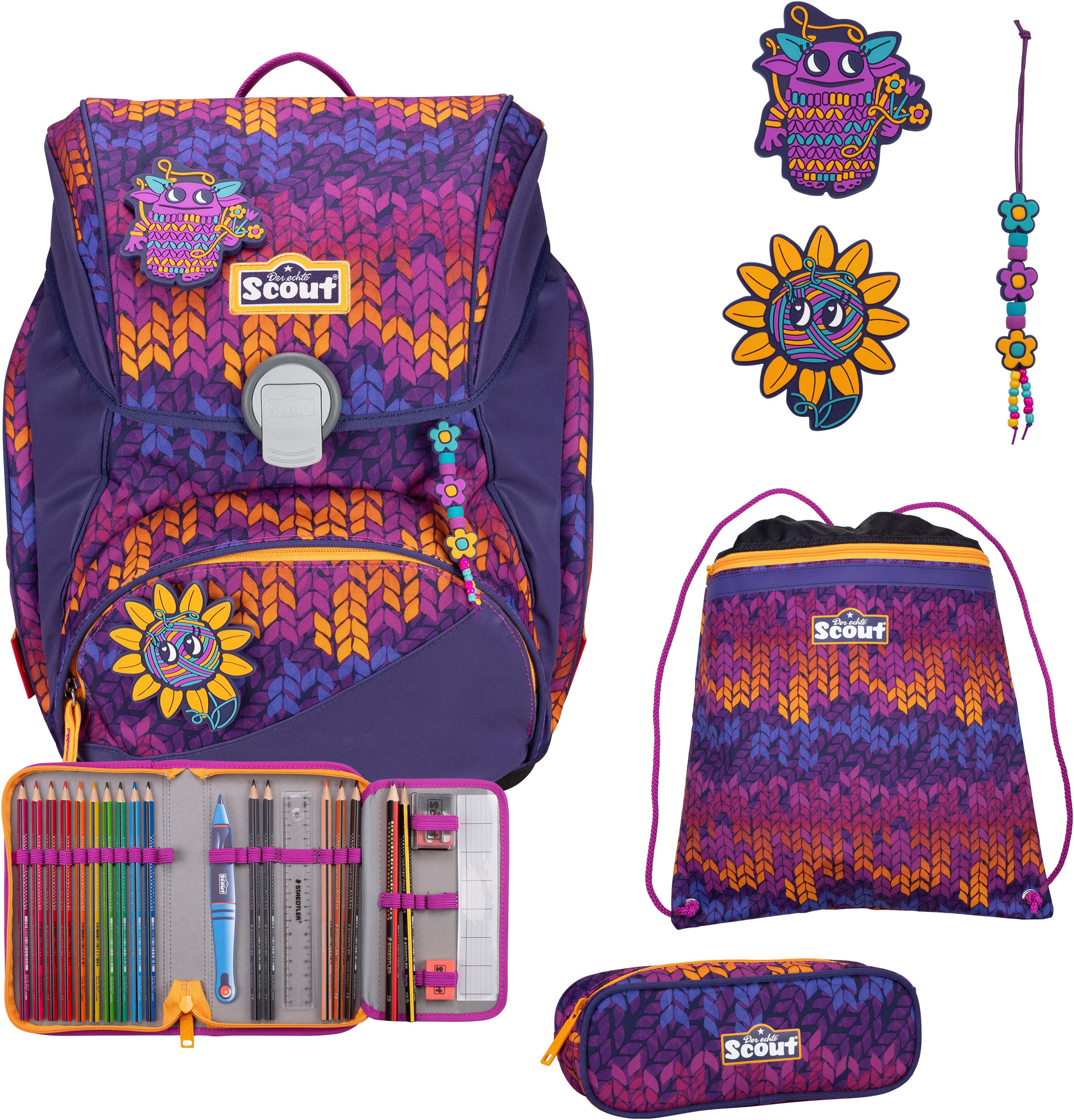 Scout Schulranzen Alpha Superflash, Fantasy (Set, 4-tlg), mit retrorefl. Flächen & 2 Funny Snaps; enthält recyceltes Material