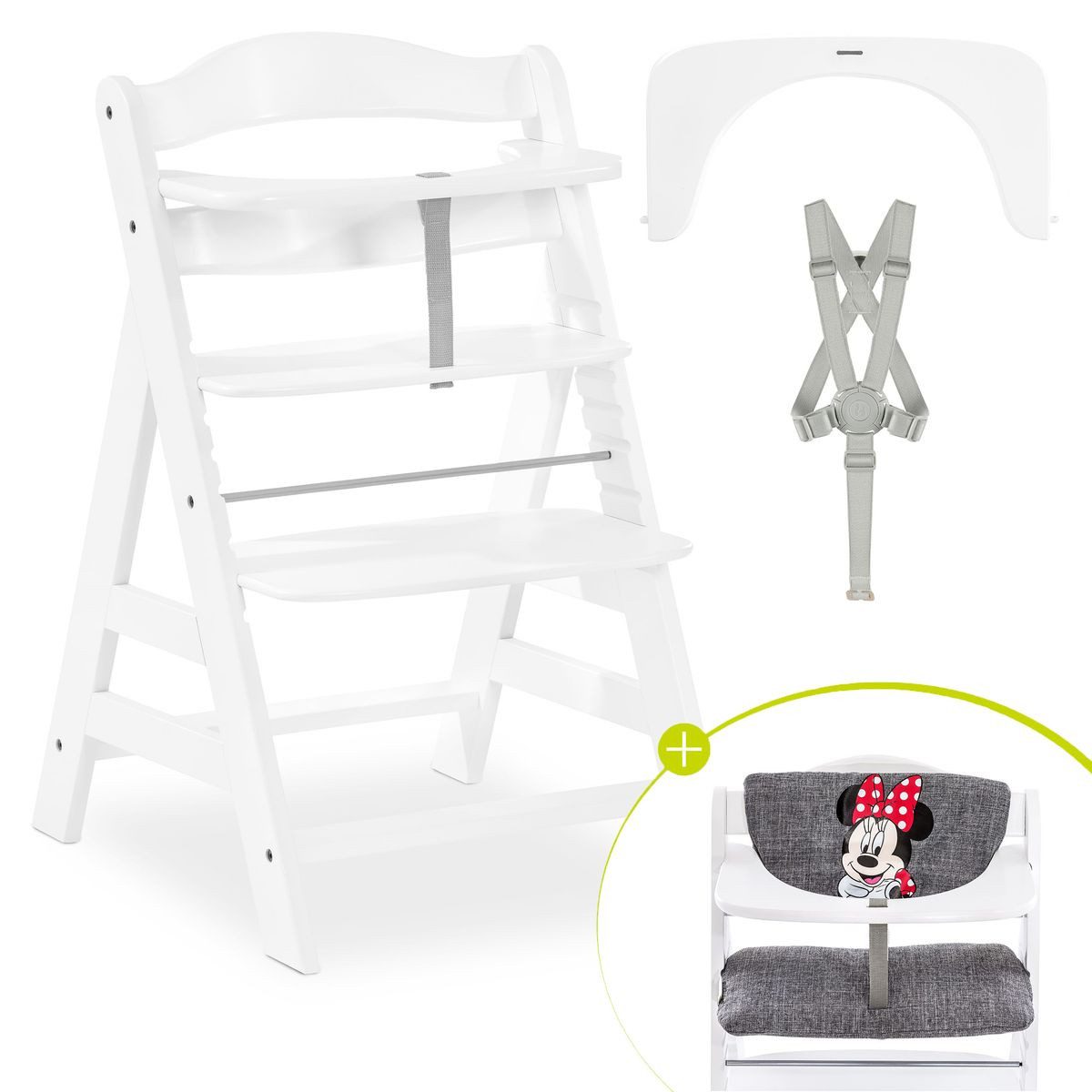 Hauck Hochstuhl Alpha Plus - Minnie Grey - White, Mitwachsender Holz Kinderhochstuhl verstellbar mit Sitzauflage & Gurt