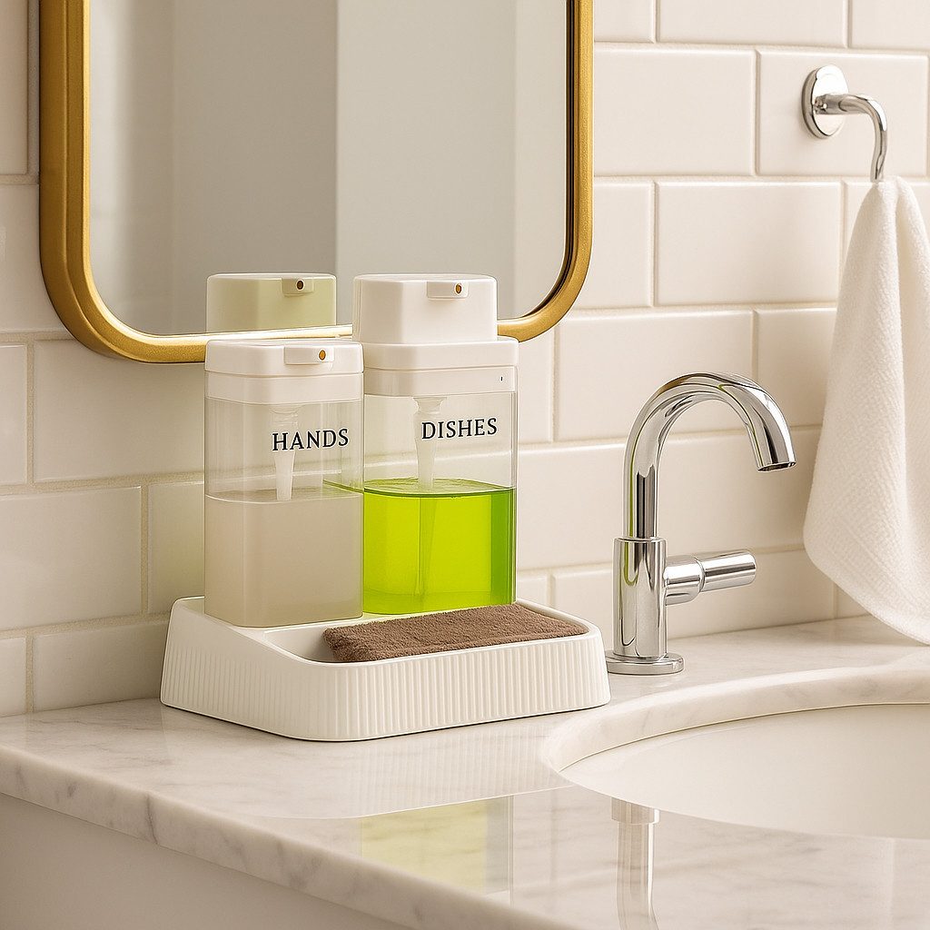 Jungengel Seifenspender 2in1 Spülmittelspender Set Spülmittelbehälter Spülorganizer Küche, (3-tlg), 2x 250ml Fassungsvolumen, BPA-Frei, Zeitlos & Elegantes Design