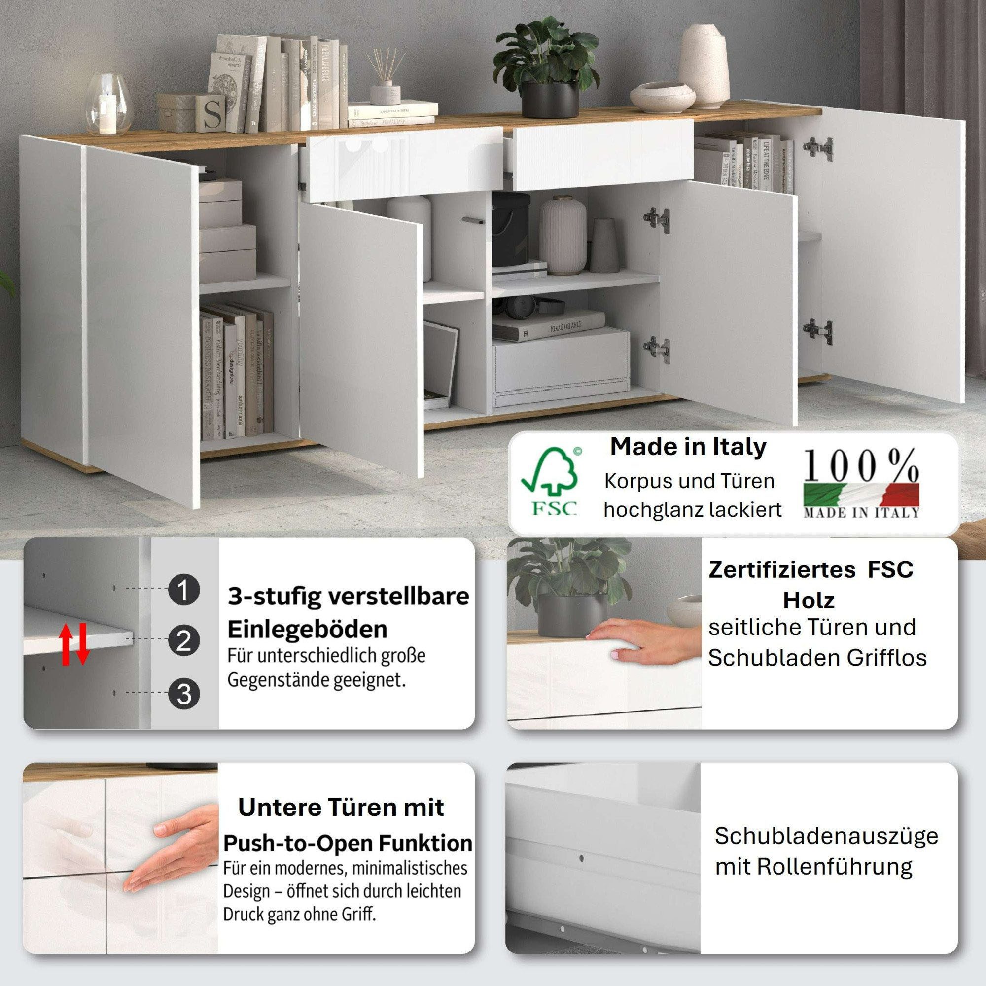 OTTO home Sideboard GARDA, Kommode, Schrank, untere Türen mit Push-to-Open, Made in Italy (1 St), Hochglanzlackierte Fronten, 4 Türen, 2 Schubladen, grifflos, B 200 cm