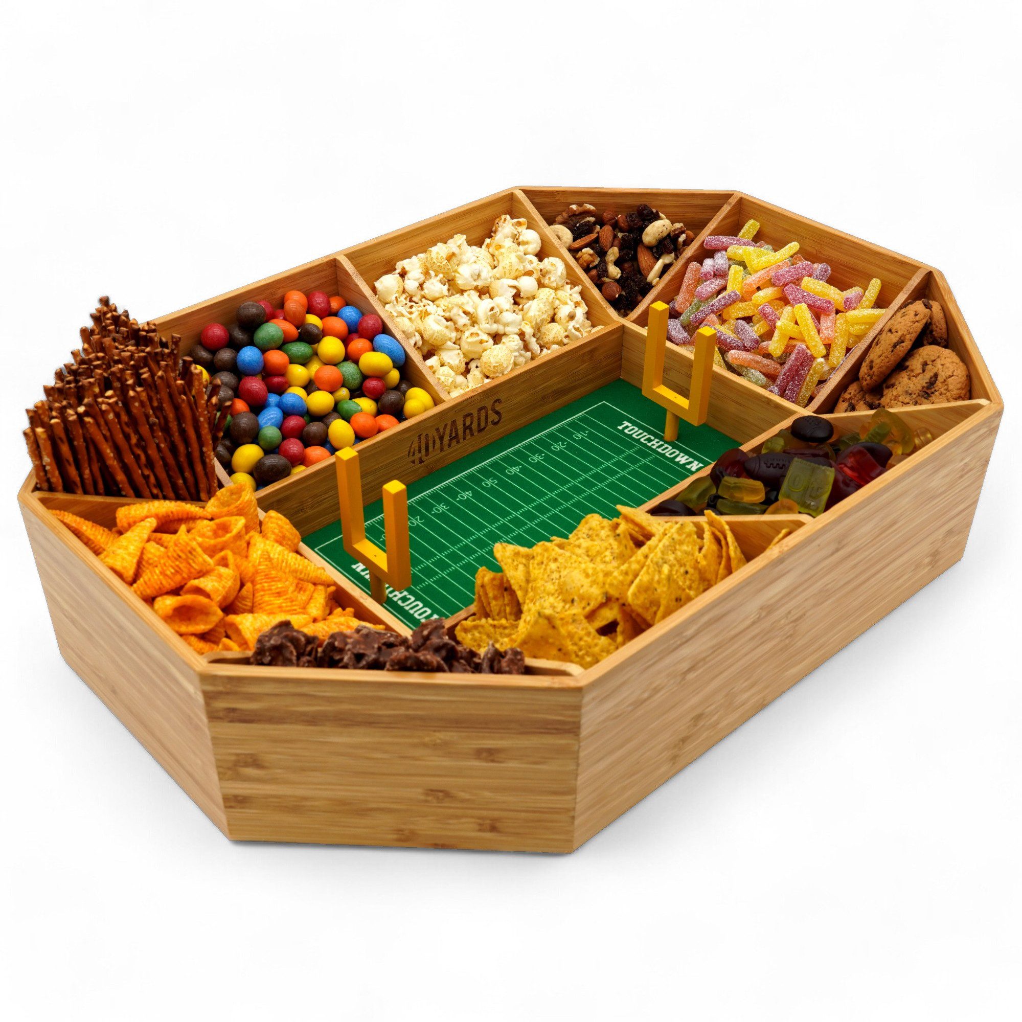 40YARDS Servierschale American Football Snack Stadium aus Bambus Holz + Filz-Spielfeld, Bambus Holz, (12-tlg), Filz-Spielfeld mit Markierungen & 2x Field Goals, Größe: 50 x 36 cm