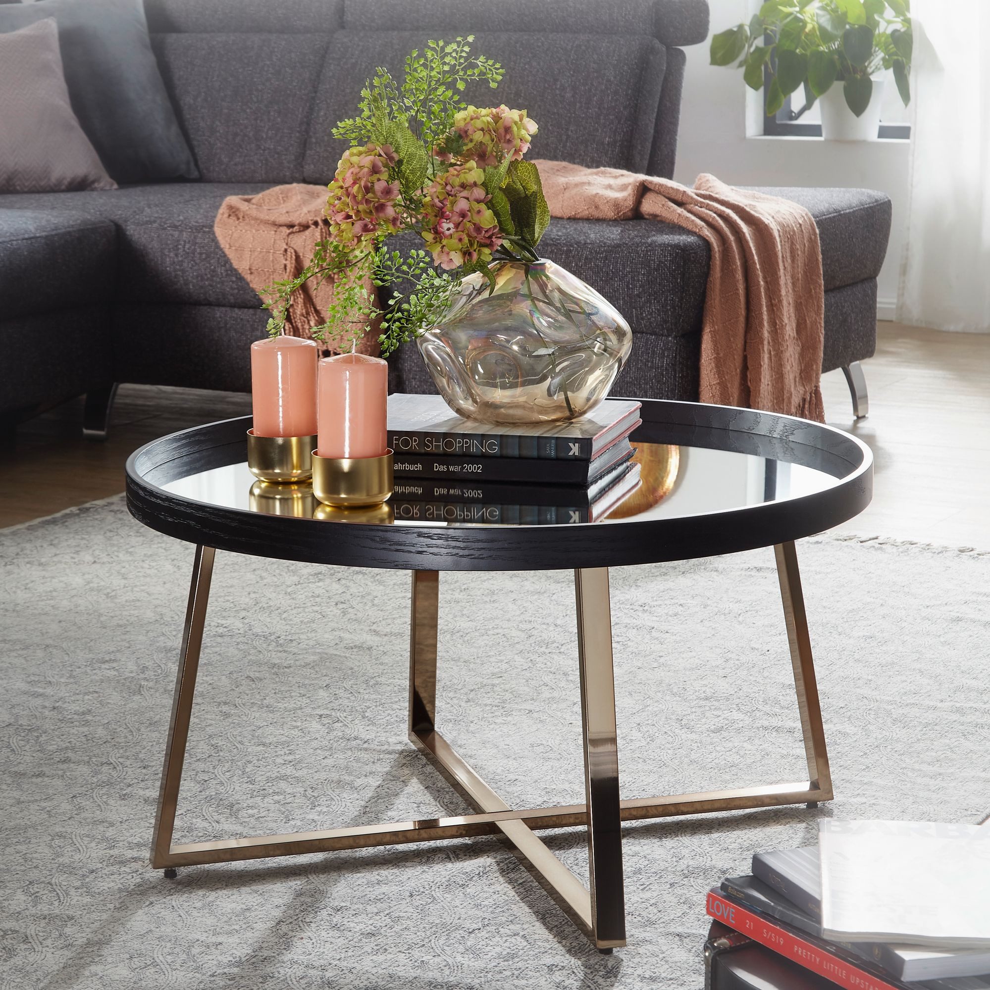 Wohnling Couchtisch WL6.002 Rund Gold Wohnzimmertisch Spiegel Glas Beistelltisch Schwar (Rund Ø 78 cm Dunkel-Gold mit Spiegel Glasplatte), Beistelltisch, Wohnzimmertisch mit Metallbeine