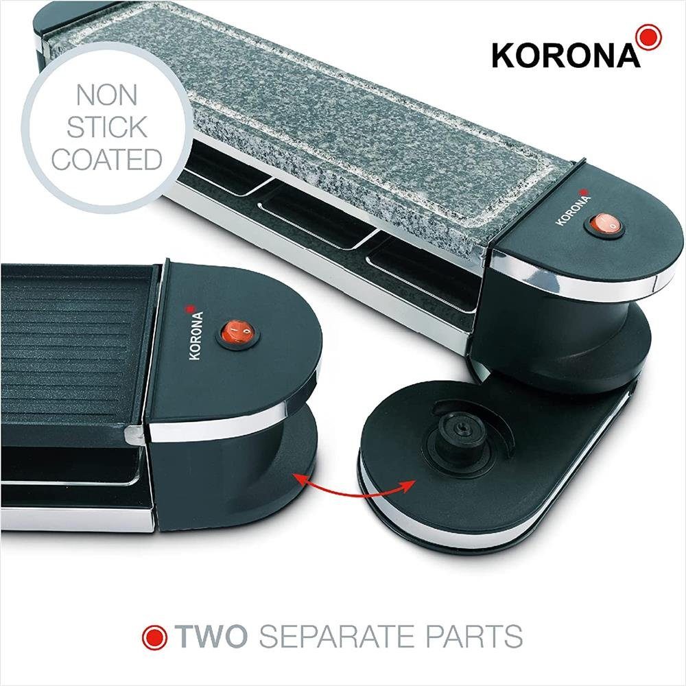 KORONA Raclette 45071 Drehbar 4 / 8 Personen Antihaft Grillplatte + Steinplatte, 8 Raclettepfännchen, 1200,00 W, Klappbar Naturstein Grillplatte antihaftbeschichtet 2m langes Kabel