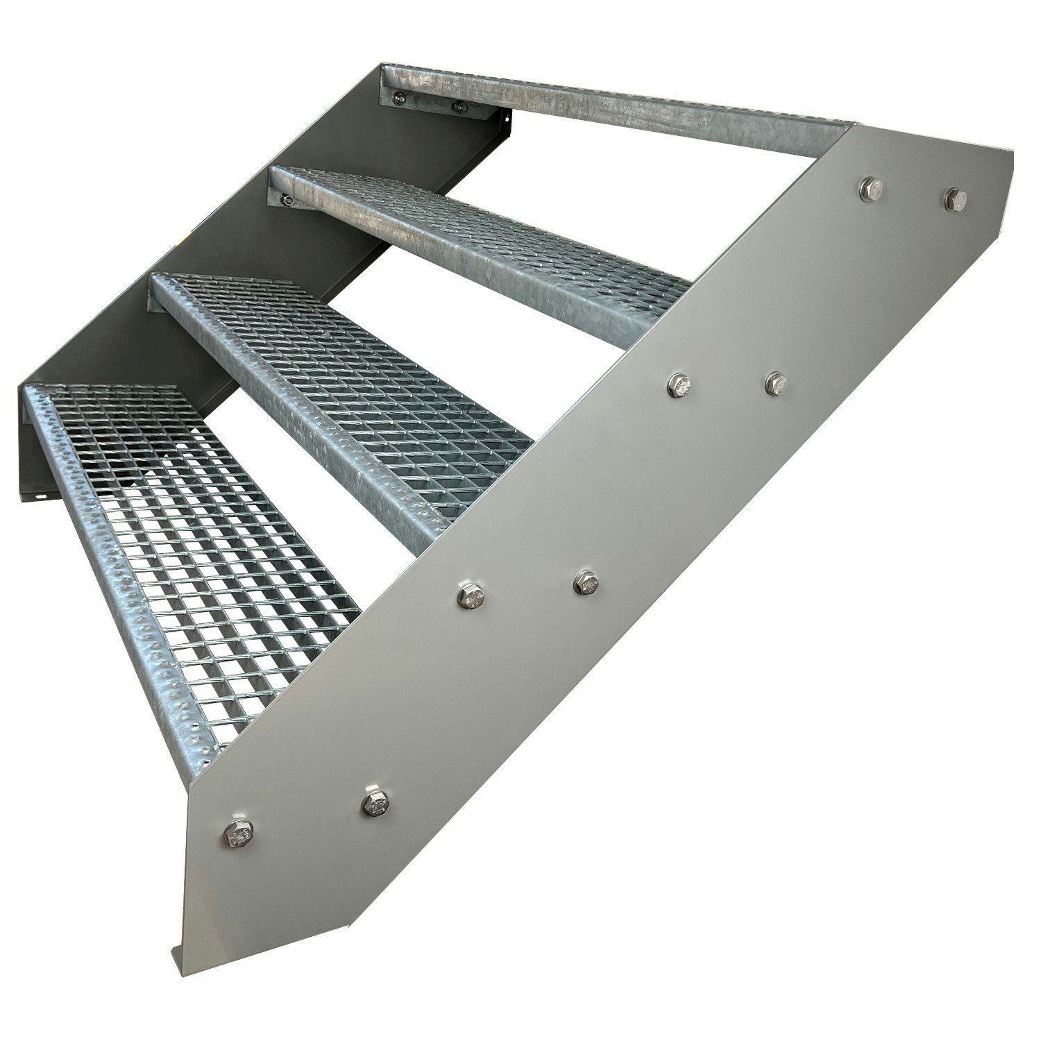 Kaminbau Mierzwa Außentreppe Premium Treppe Silber Höhe Verstellbar, für Geschosshöhen bis 76 cm, Stufen Gitterroststufen nach DIN 24531, (Höhe 76 cm, Breite wählbar aus 60, 80, 100, 120, 140 cm), Gartentreppe Stahltreppe Wetterfest Rostfrei Feuer-Verzinkt Rutschfest