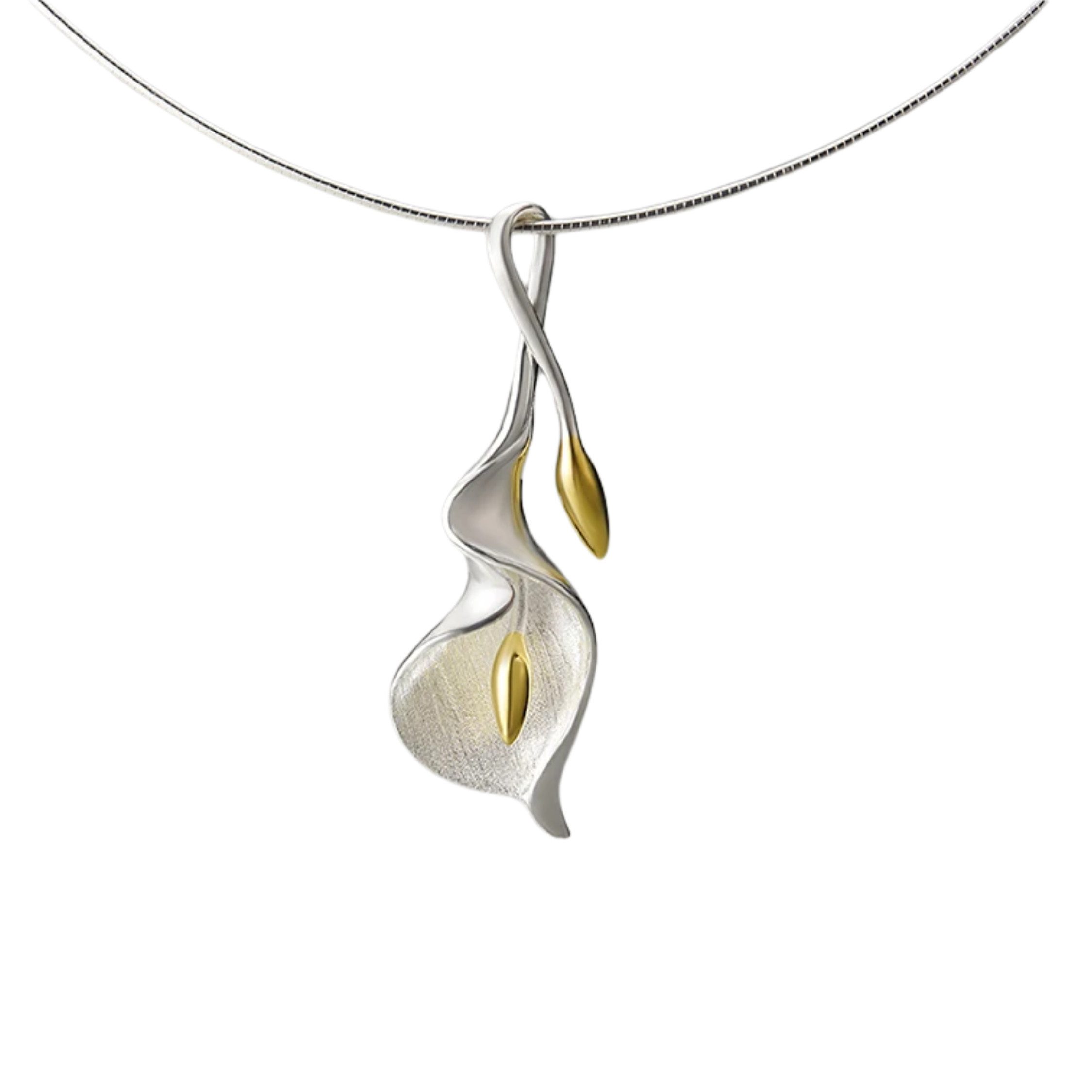 Valentinstagsgeschenk Runde Perlé Collier handgefertigter Collier Choker mit großer Calla Lilie Anhänger, 925er Silber, 18K Gold, 50cm (inkl. Geschenk
