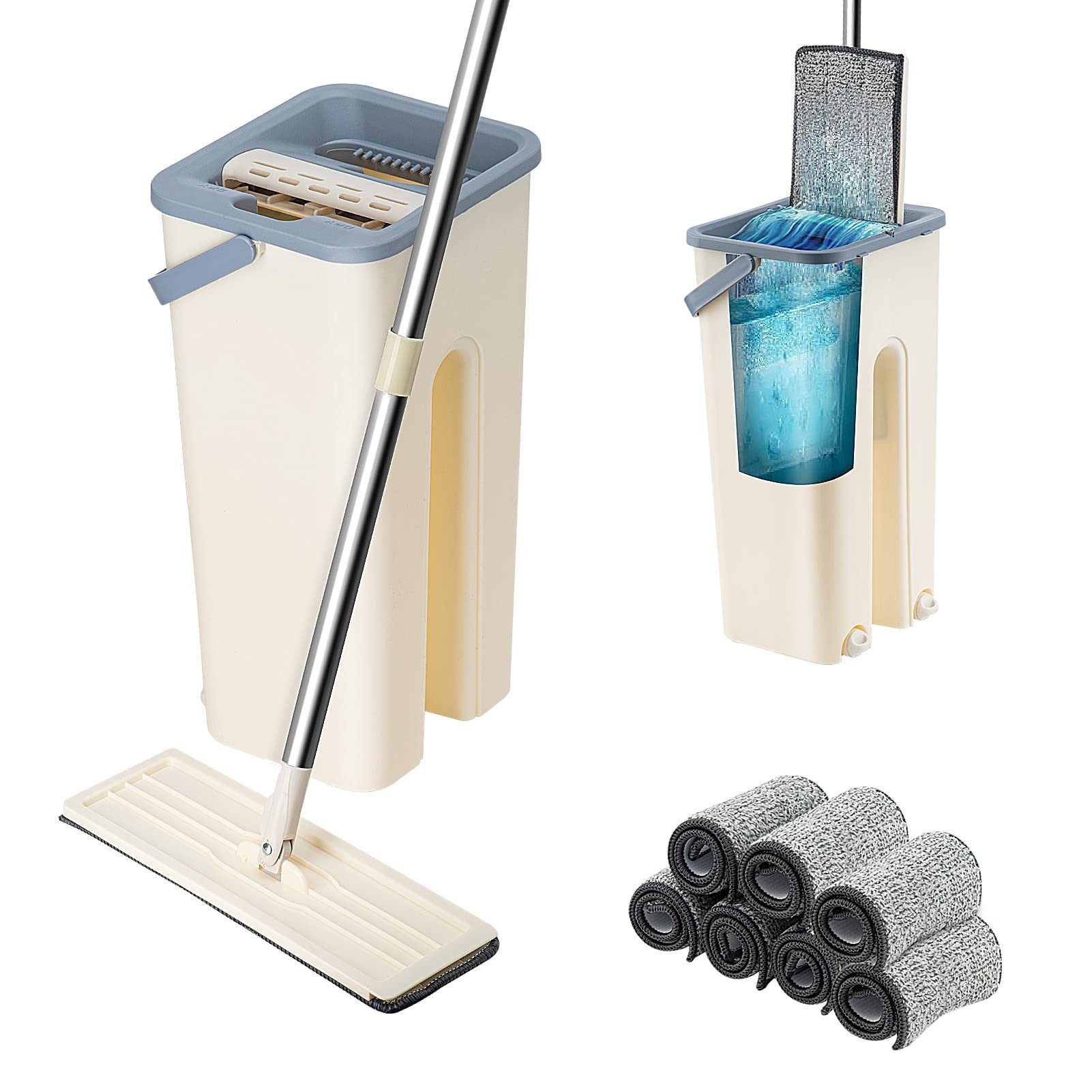 Youyijia Wischmopp Set mit Eimer – Flacher Bodenwischer mit Auswringfunktion Moppaufsatz