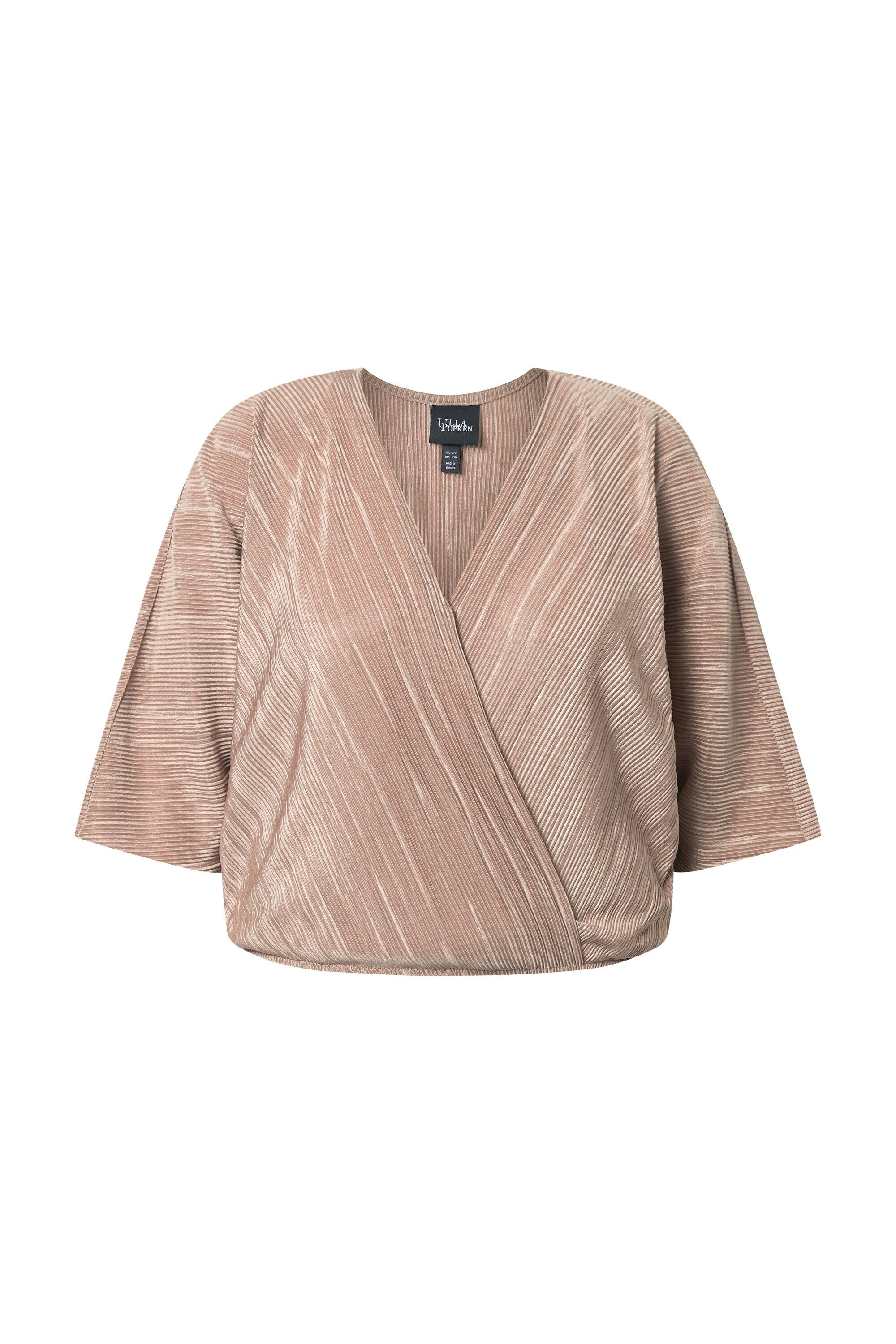 Longbluse Plissee-Bluse V-Ausschnitt Wickeloptik Halbarm