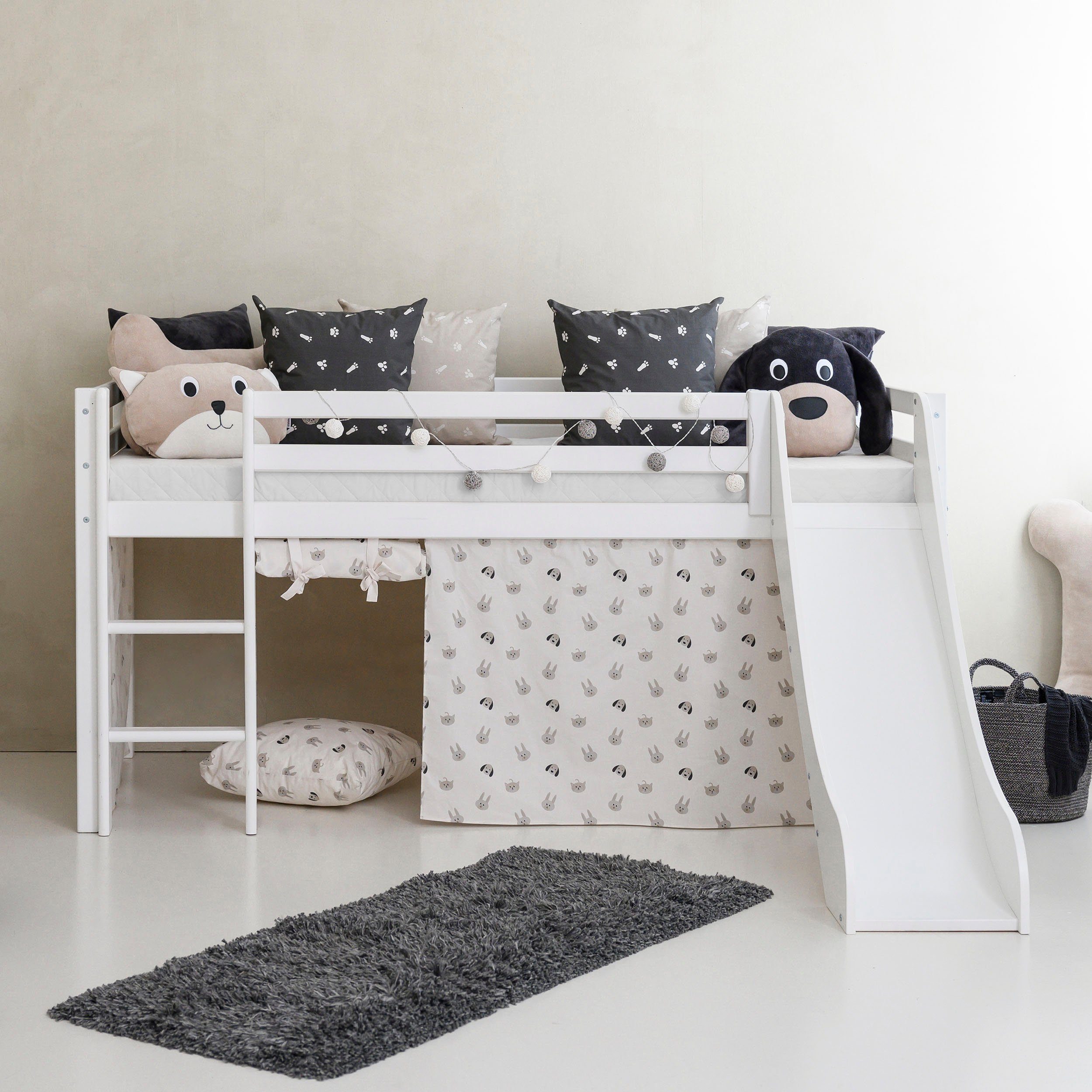 Hoppekids Hochbett «Pets Natur» Rutsche & Vorhang Grau und viel Auswahl