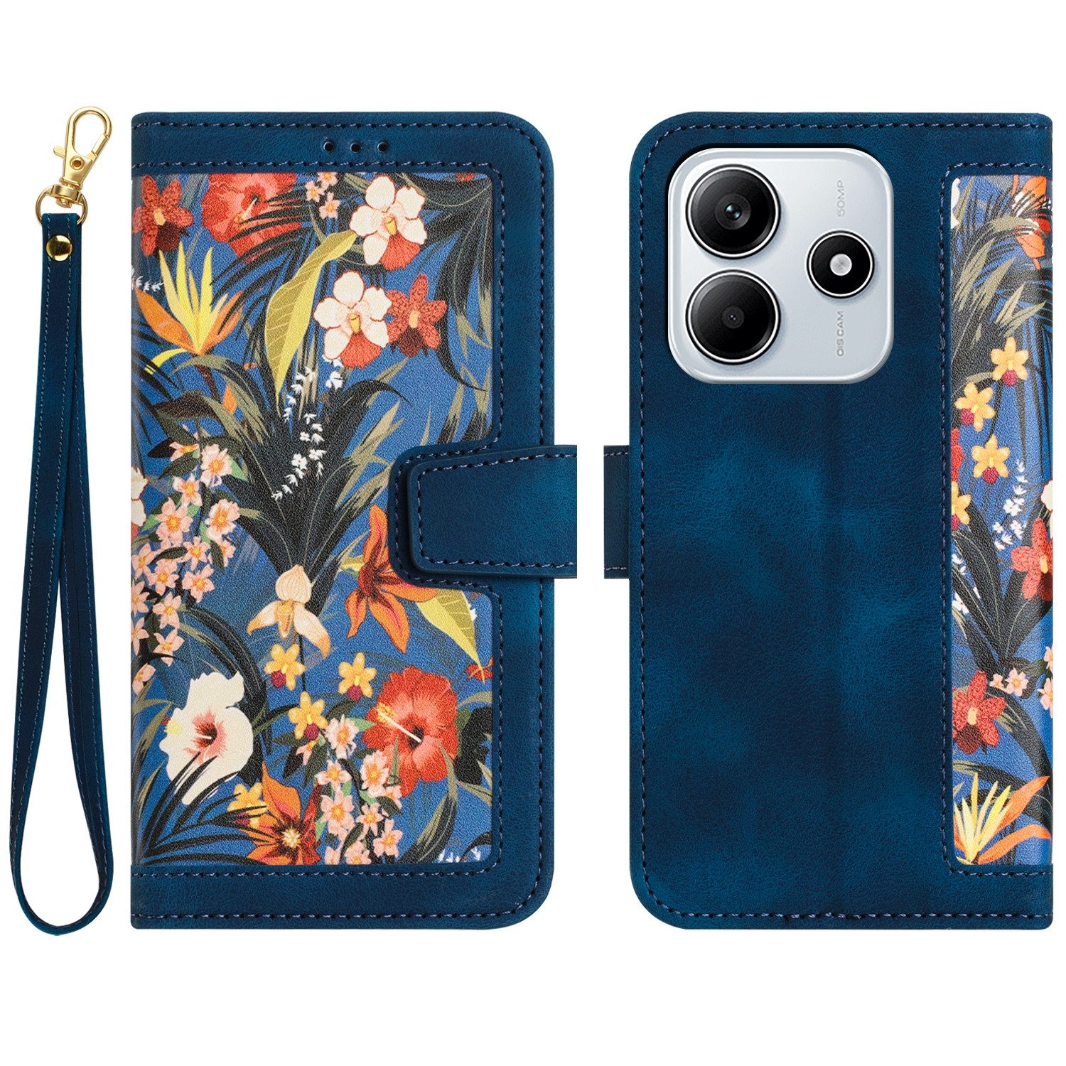 Wigento Smartphone-Hülle Für Xiaomi Redmi Note 14 5G Kunstleder Wallet Blumen Hülle Dunkelblau, Blumenmuster, Kartenfächer, Lanyard