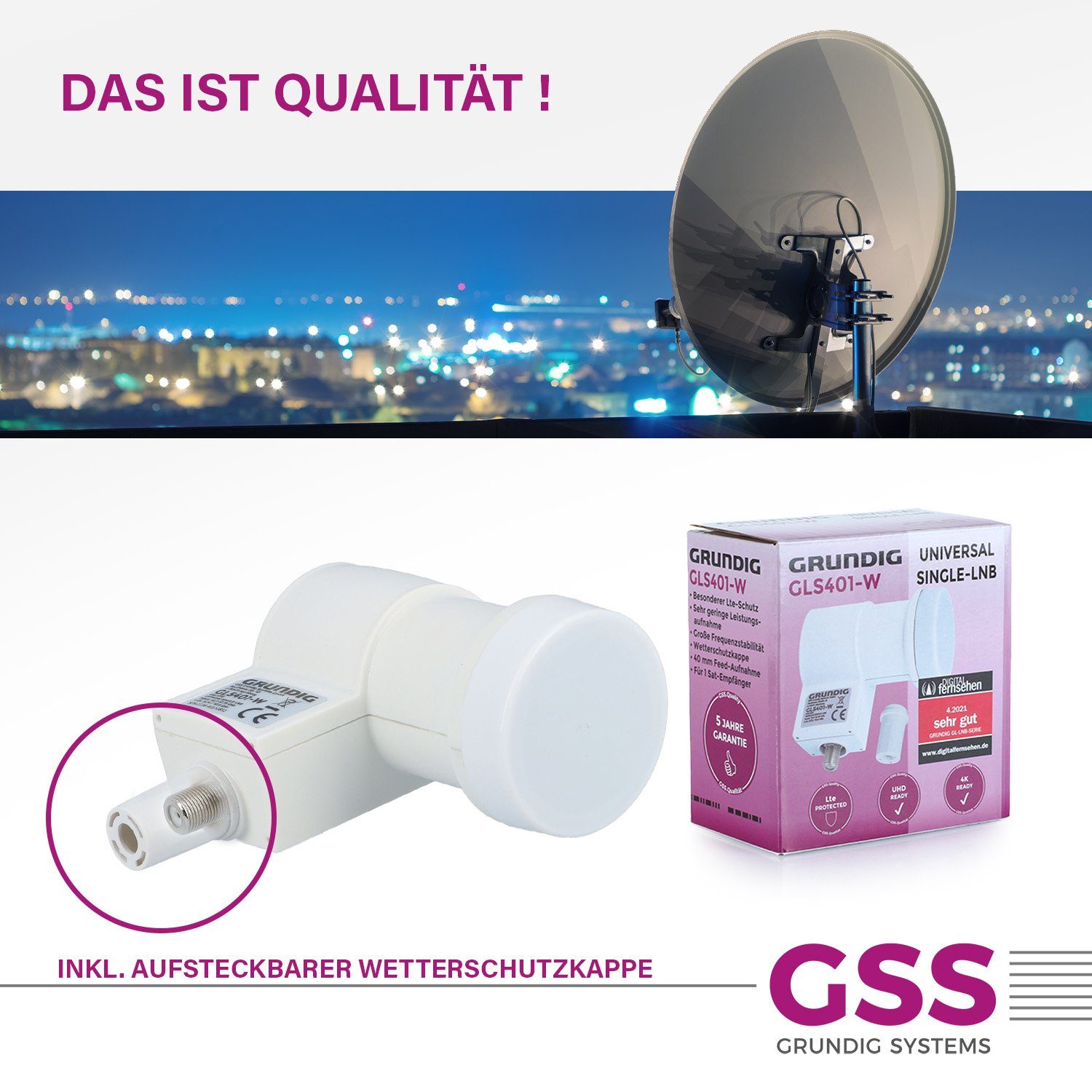 GSS Universal-Single-LNB Full - + hitzebeständig) 401 Filter (LTE HD, weiß Wetterschutzkappe, Aufdrehhilfe kälte- 4K, & GLS