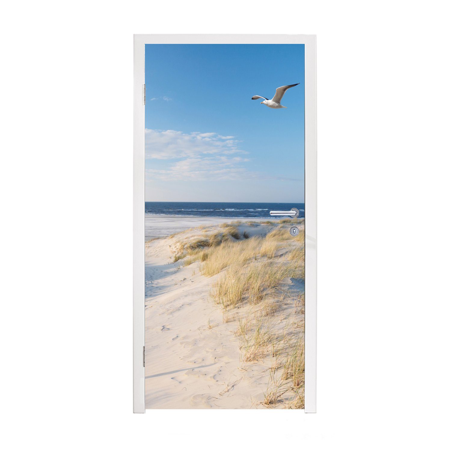 MuchoWow Türtapete Düne - Möwe - Strand - Meer - Sonne, Matt, bedruckt, (1 St), Fototapete für Tür, Türaufkleber, 75x205 cm