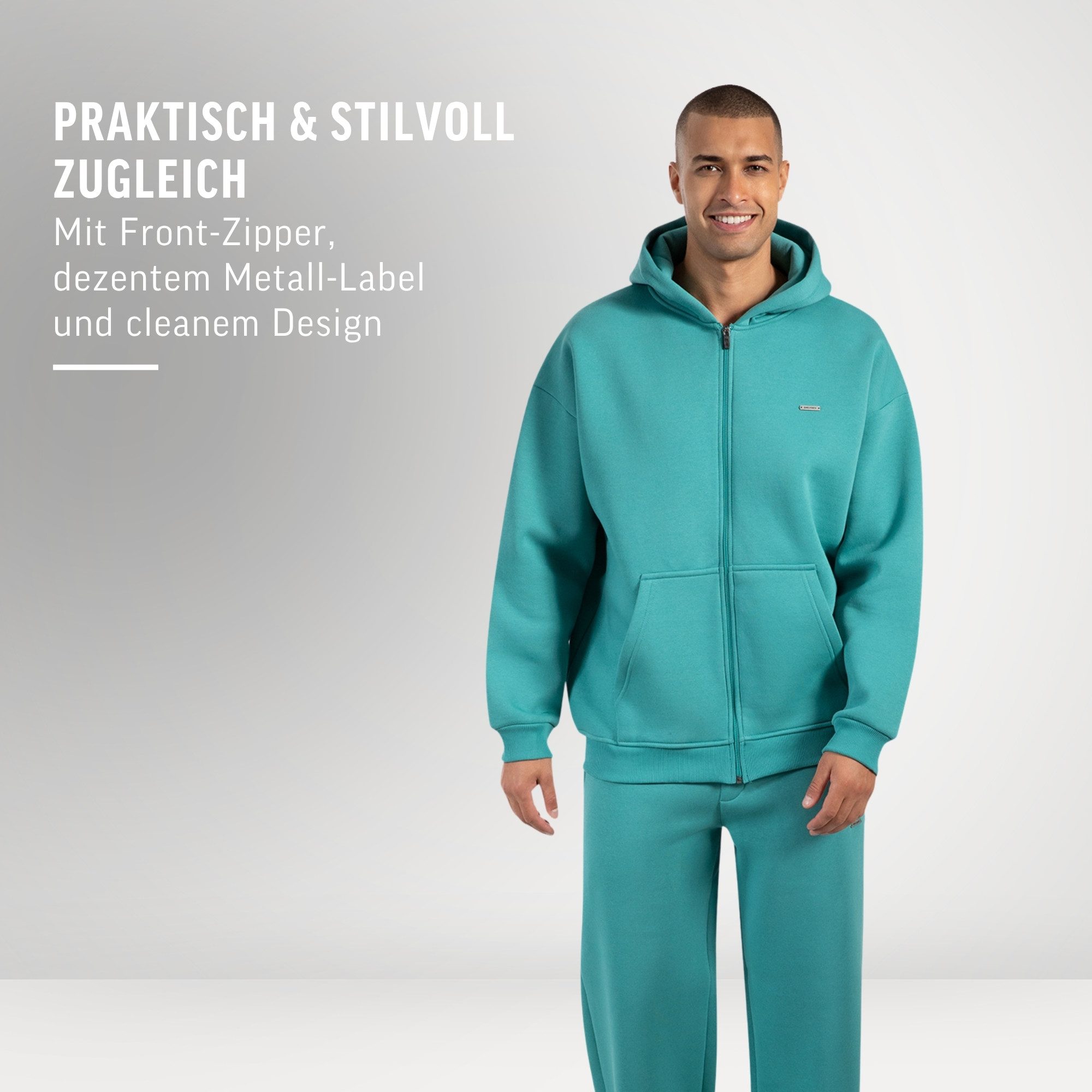 Smilodox Kapuzenstrickjacke Cedrik, Oversize Zip Hoodie, Kapuzenpullover mit Front-Zipper Langarm Kängurutasche Metallabel weiches Material Freizeit Alltag