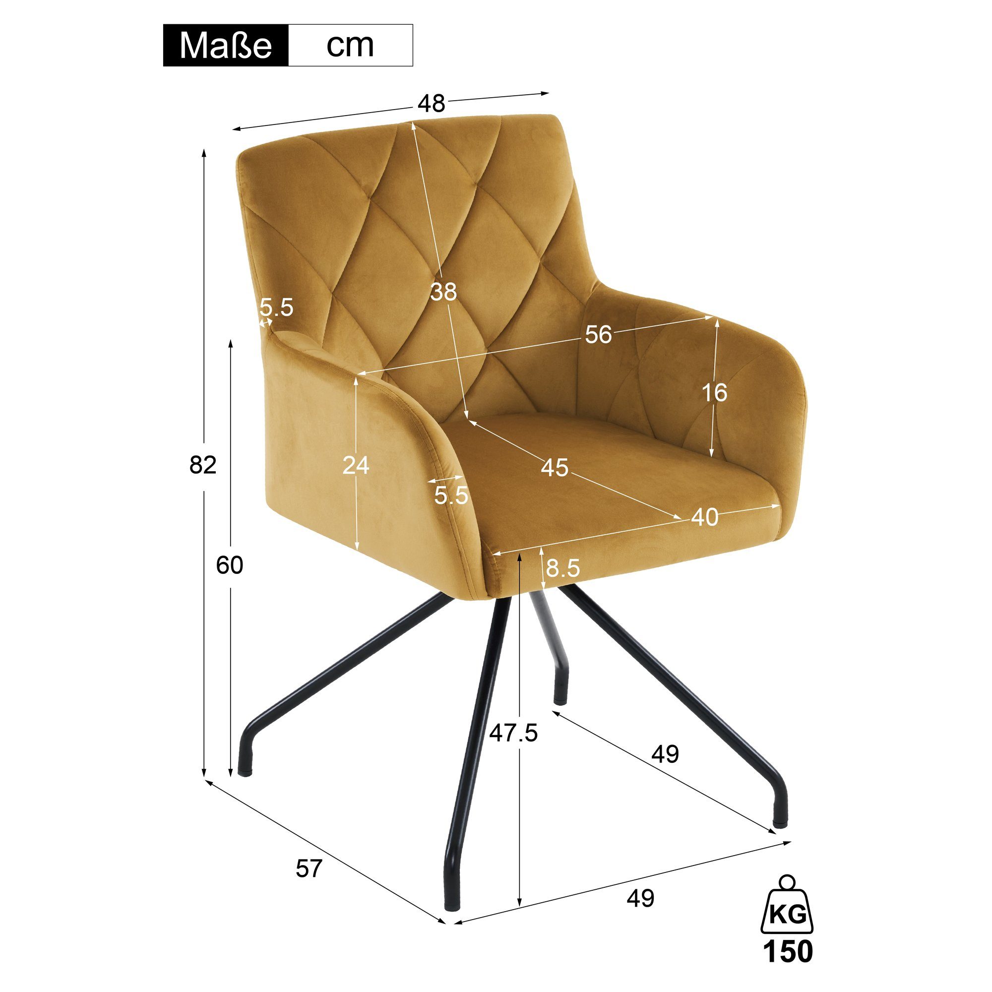 Odikalo Esszimmerstuhl 2er 4 Sessel Set Wohnzimmer grau/gelb Metallbeinen Gepolstert Samt