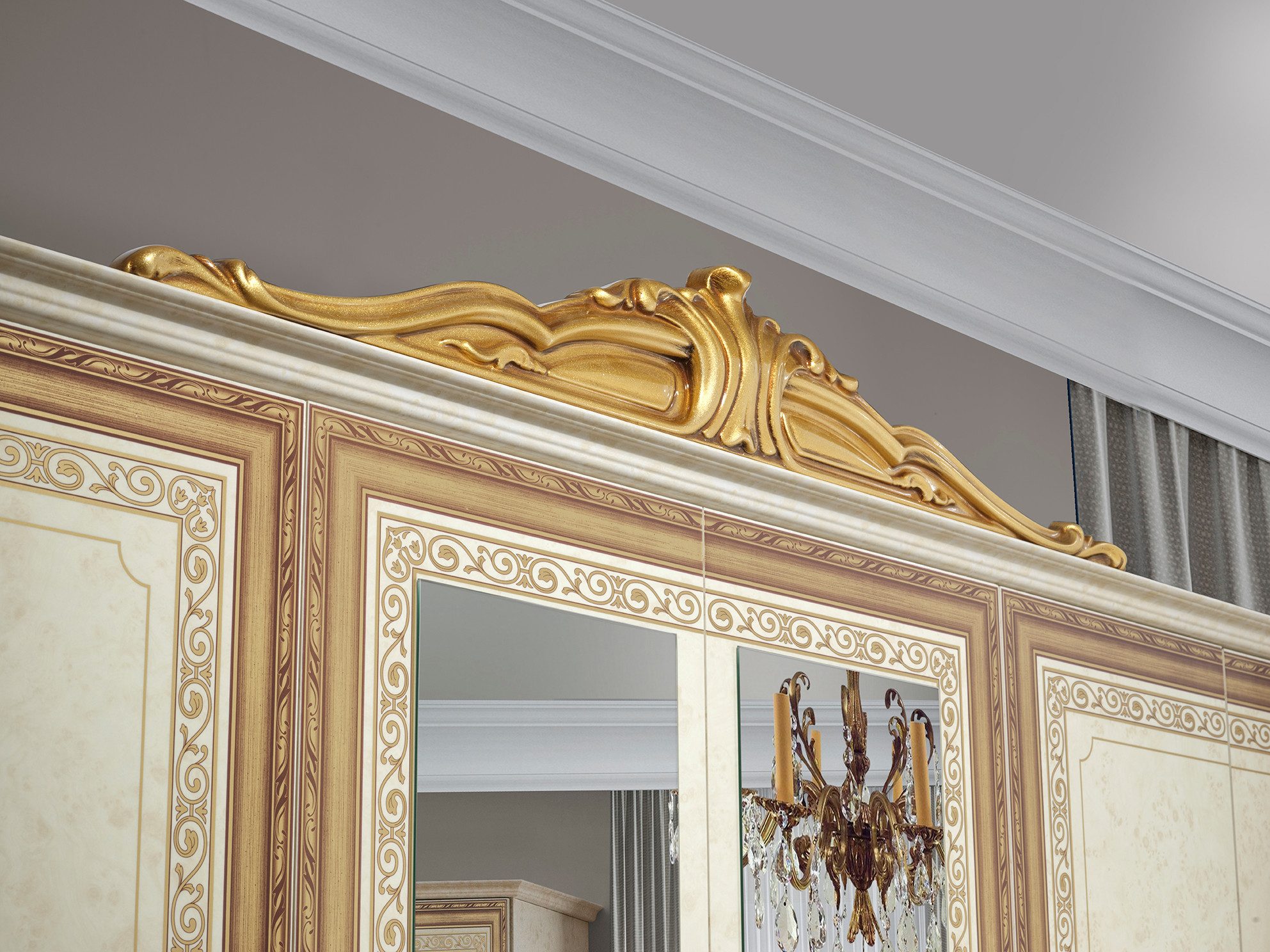 Interdesign24 Schlafzimmer-Set Giulia, (6-teilig, im ausgefallenem Barock Stil, inkl. Bett 160 x 200 cm mit Kopfteilpolsterung), in Hochglanz Beige/Gold