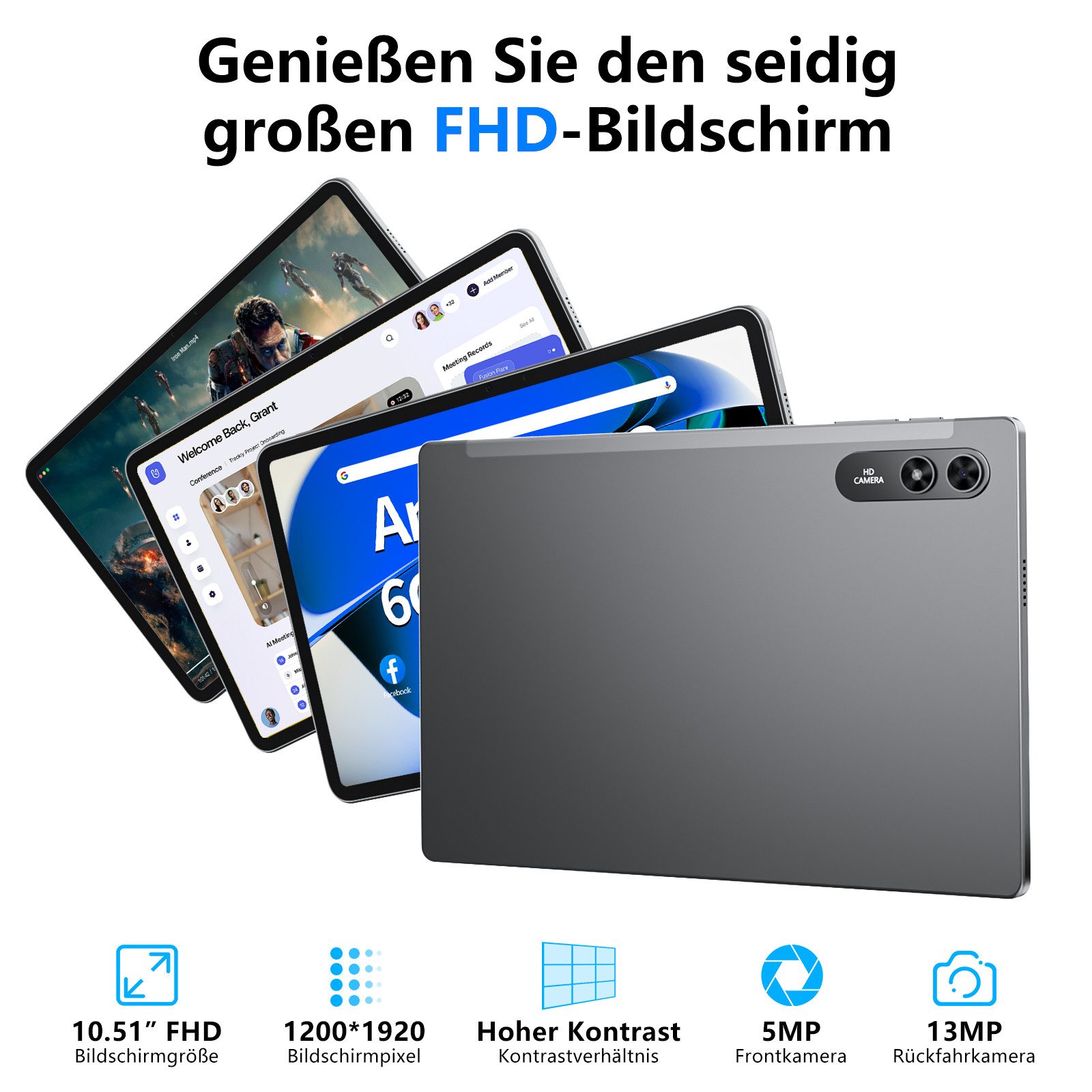 MENGHU 10,51-Zoll Android 13 FHD Tablet 6GB RAM 128GB Speicher 6200mAh Grafiktablett (10,51", 128 GB, Android 13, Telefonfunktion)