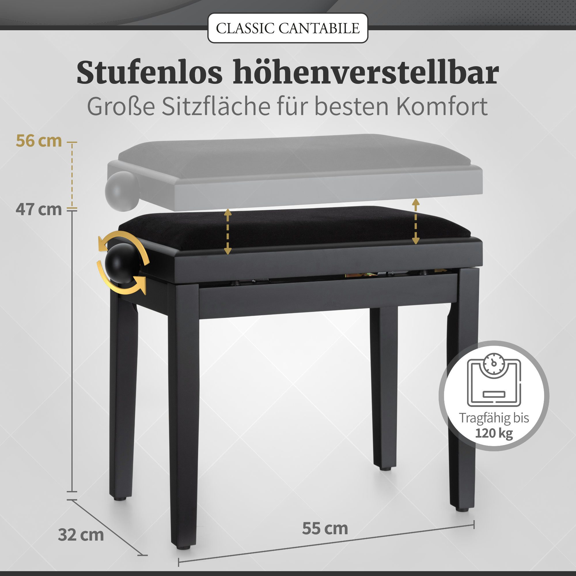 Classic Cantabile Klavierbank Classic Cantabile Pianobank Schwarz Matt (Hochwertiger Sitzkomfort, 1-St., Sitzfläche 55 x 32 cm), Leichtgängige Spindelmechanik – Bild 3 von 5