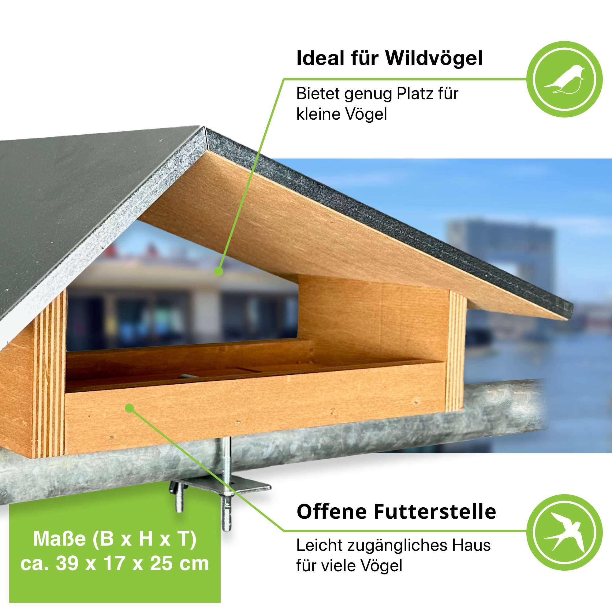 gartenetage Vogelhaus Balkon-Futterstelle aus wetterfestem Naturholz, Metalldach, einfache Montage, robuste Befestigung – Ideales Vogelhaus