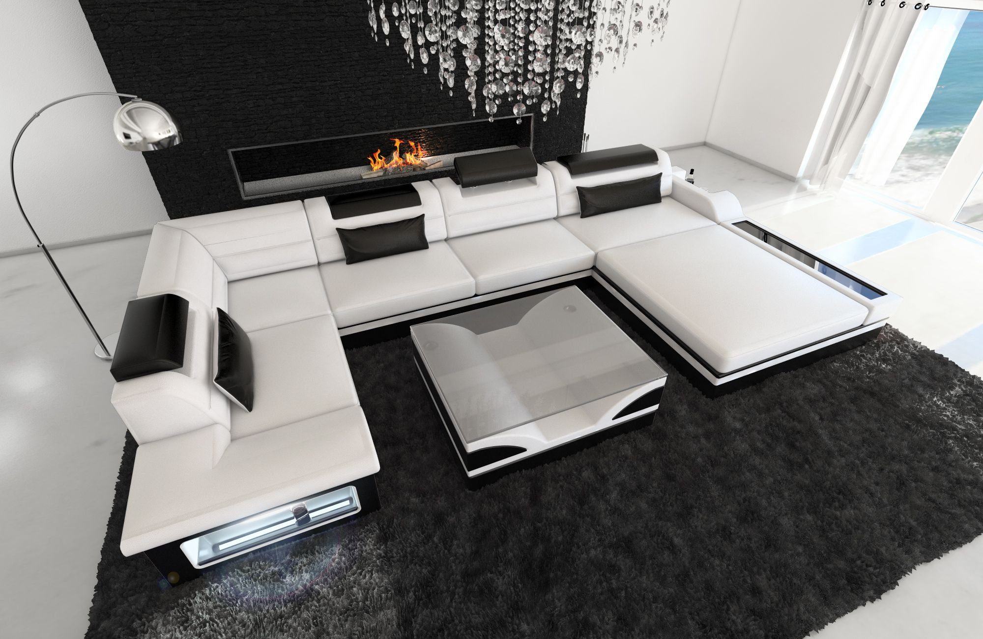 Sofa Dreams Wohnlandschaft Sofa Leder mit LED, mit als Schlafsofa, wahlweise Couch, Ledersofa, Mezzo Designersofa Form U Bettfunktion