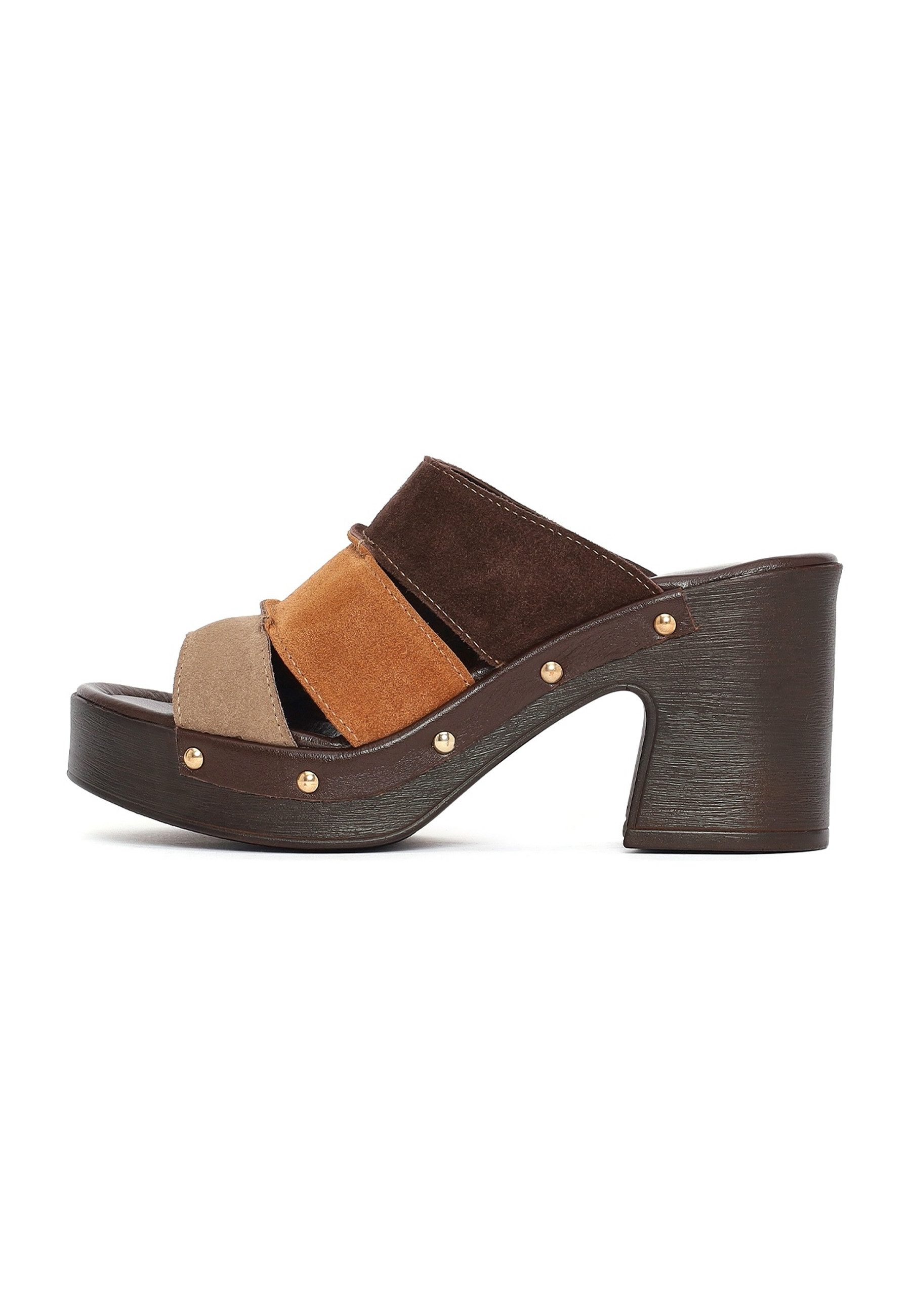 Derimod Pantoletten mit hohem Absatz aus Veloursleder Mules Echtes Leder, Lederfutter, TPU-Sohle, Blockabsatz, Schlupf-Stil