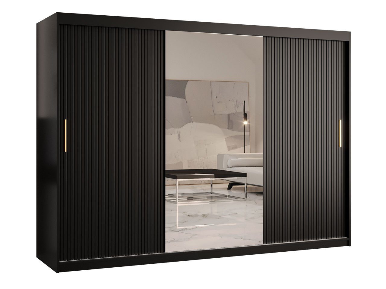 MIRJAN24 Kleiderschrank Riflo Slim 2 250 (mit Schiebetüren und Frontspiegel) 3-türig, zwei Kleiderstangen, Aluminium-Gleitschienen