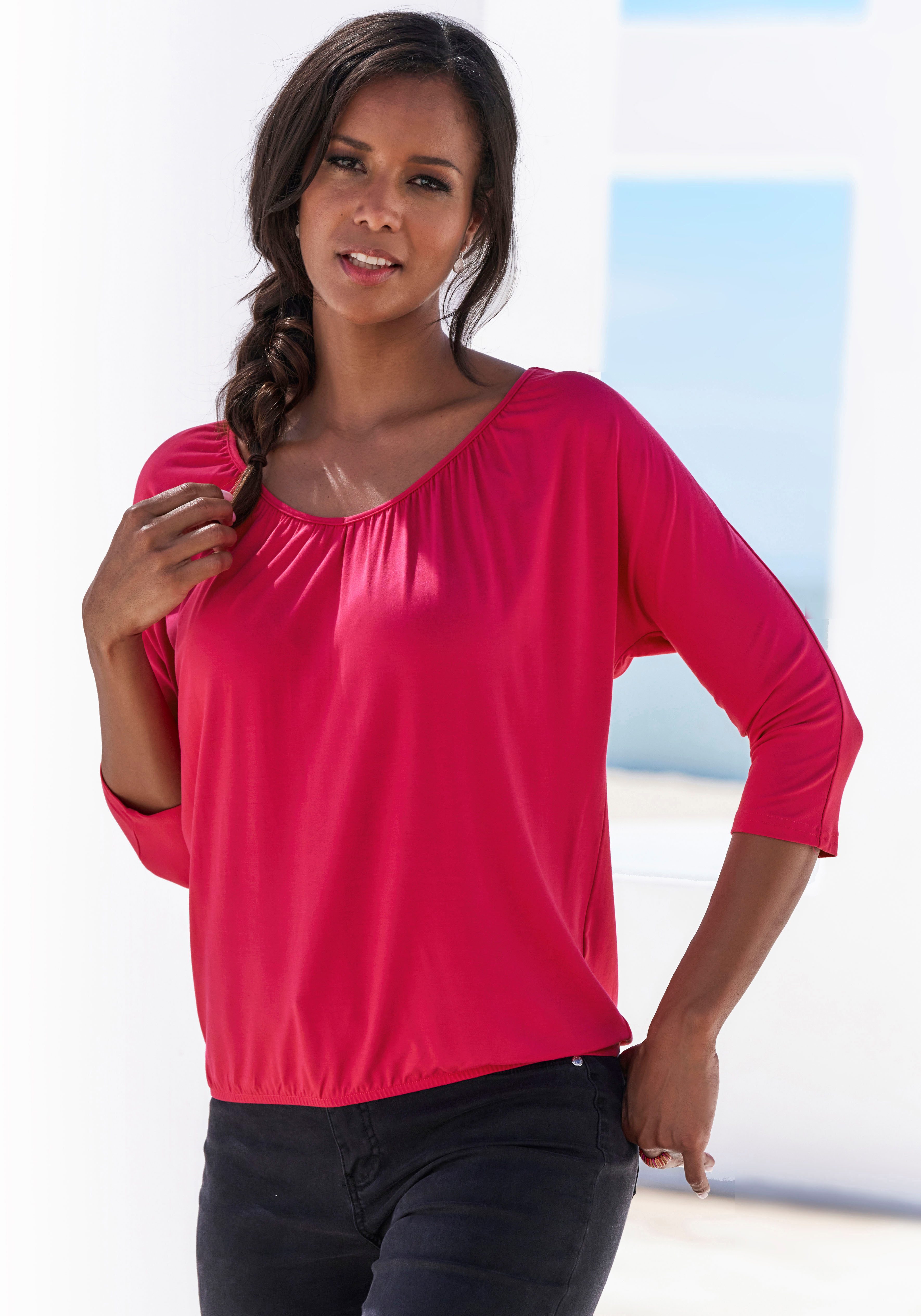 LASCANA 3/4-Arm-Shirt mit zarter Raffung am Ausschnitt aus weichem Viskose-Stretch