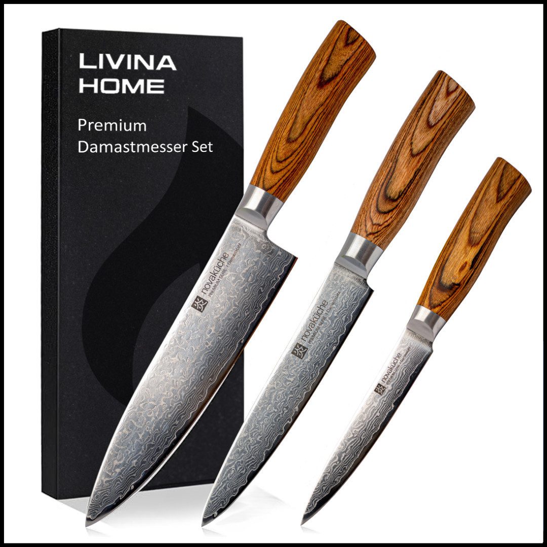 LIVINA HOME Messer-Set Kochmesser, 67-Damaststahl Messerset - 6-tlg. Küchenmesser Set (3-tlg., wahlweise als 3er, 5er oder 6er Set erhältlich), Damastmesser Japanischer Art, Geschenkbox, Oster Deal Sale!