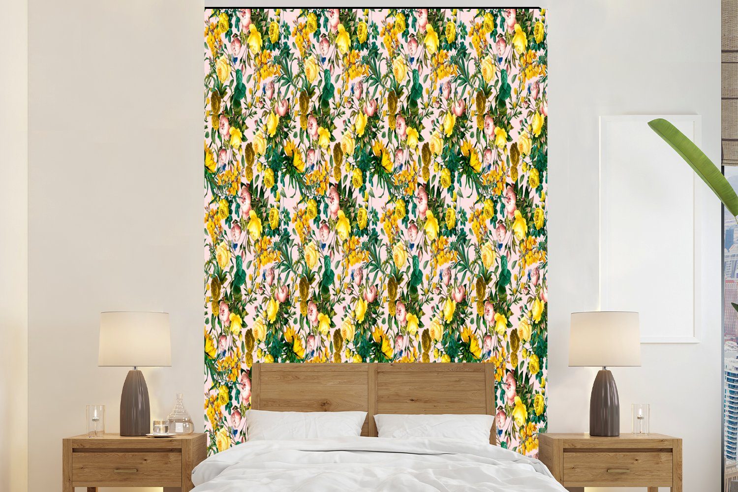 MuchoWow Fototapete Blumen - Gelb - Collage, Matt, bedruckt, (3 St), Montagefertig Vinyl Tapete für Wohnzimmer, Wandtapete
