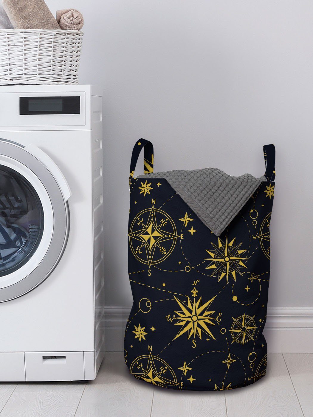 Wäschekorb gestrichelte Waschsalons, Linien für Griffen Wäschesäckchen mit Sterne Abakuhaus Shapes Kompass Kordelzugverschluss