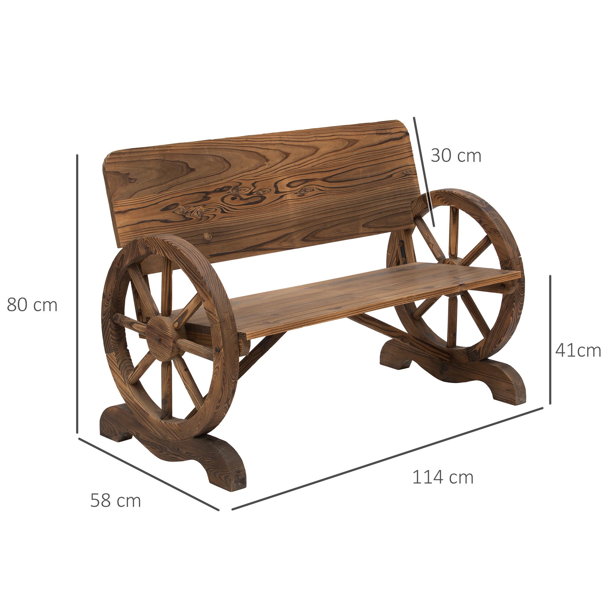 Outsunny Bank Gartenbank mit Armlehne mit Wagenräder-Design (Gartenmöbel, 1-St., Sitzbank), Tannenholz, Braun, 114 x 58 x 80 cm