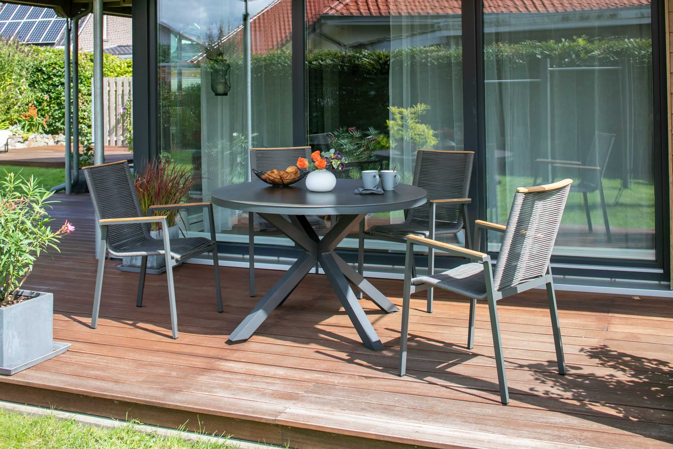 MR.DEKO Gartenlounge-Set Diningsessel Alicante mit Tisch Malaga 120 cm