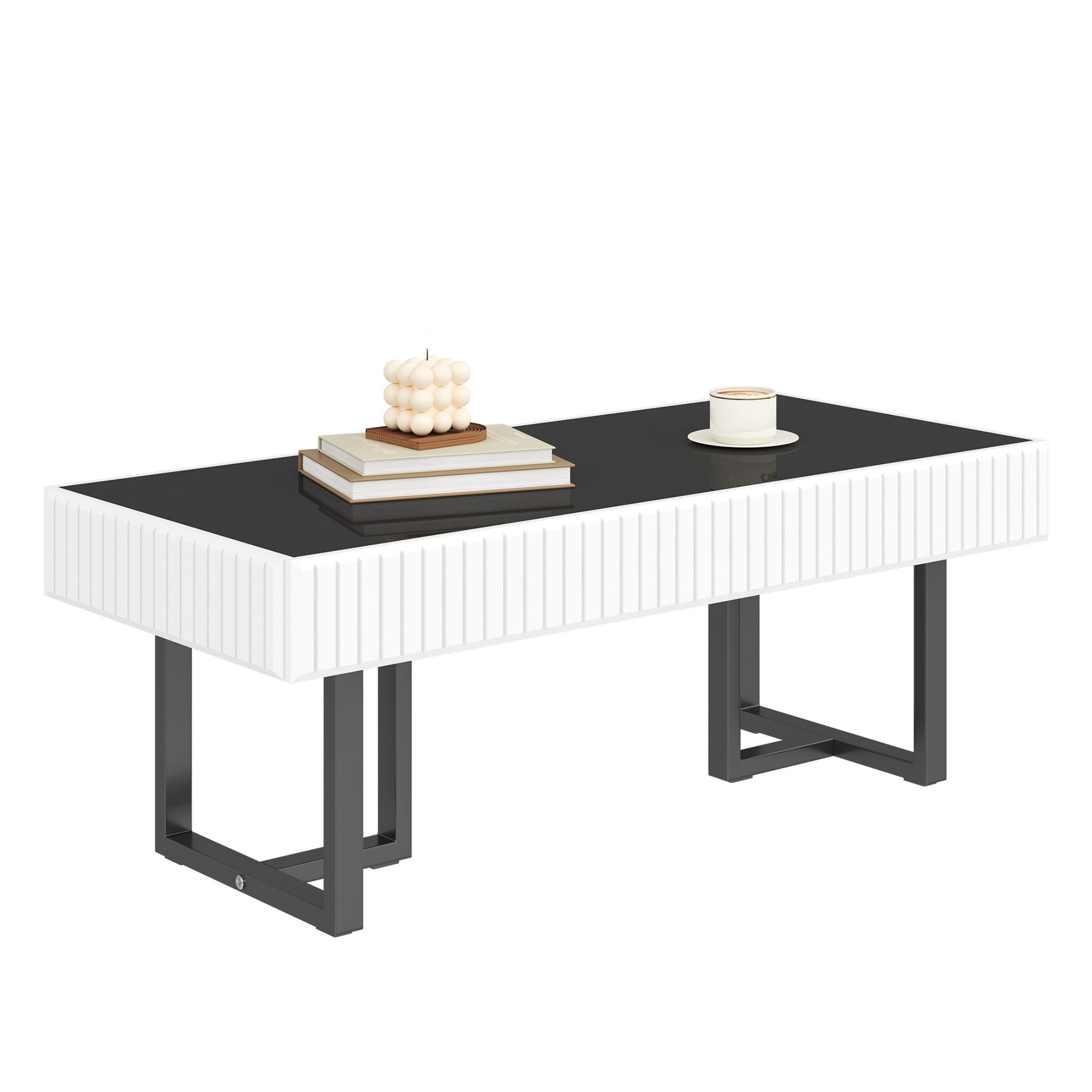 autolock Couchtisch Beistelltisch Sofatisch klassischer Couchtisch in Schwarz-Weiß (110x50.5x41 cm), Moderner Wohnzimmertisch hochglänzende schwarze Tischplatte