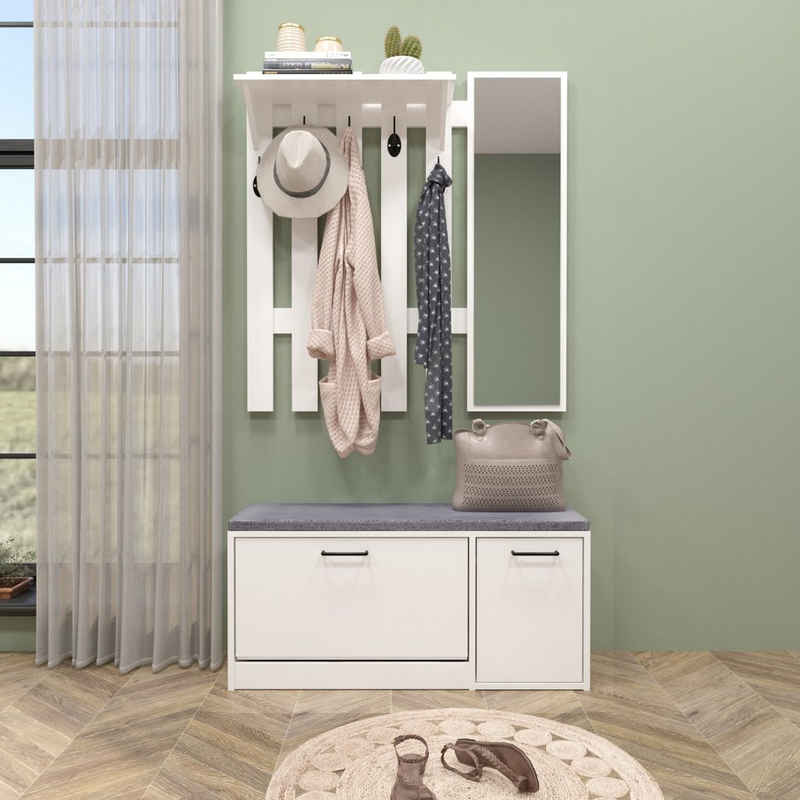 Mondeer Garderoben-Set (2-St), Garderobe mit Schuhbank, Garderobenpaneel mit Spiegel und 5 Haken