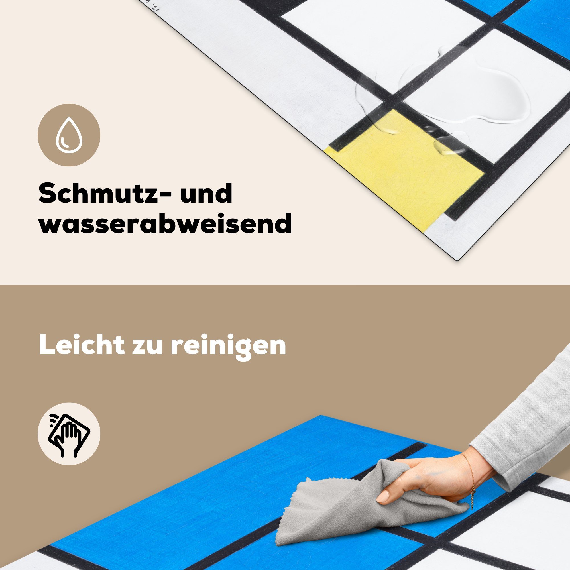 Blau, Grau MuchoWow Mondrian, Gelb cm, mit Ceranfeldabdeckung, - Piet Rot, tlg), und Komposition Vinyl, für Herdblende-/Abdeckplatte Arbeitsplatte küche 78x78 (1 Schwarz,