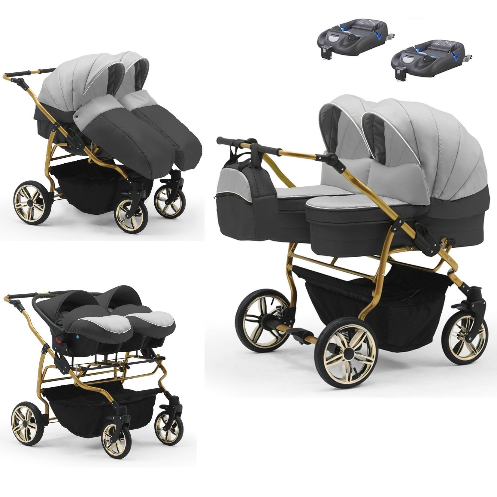 babies-on-wheels Zwillingswagen Zwillingswagen Duet Lux Gold 4 in 1 - 15 Teile - in 33 Farben Hellgrau-Dunkelgrau