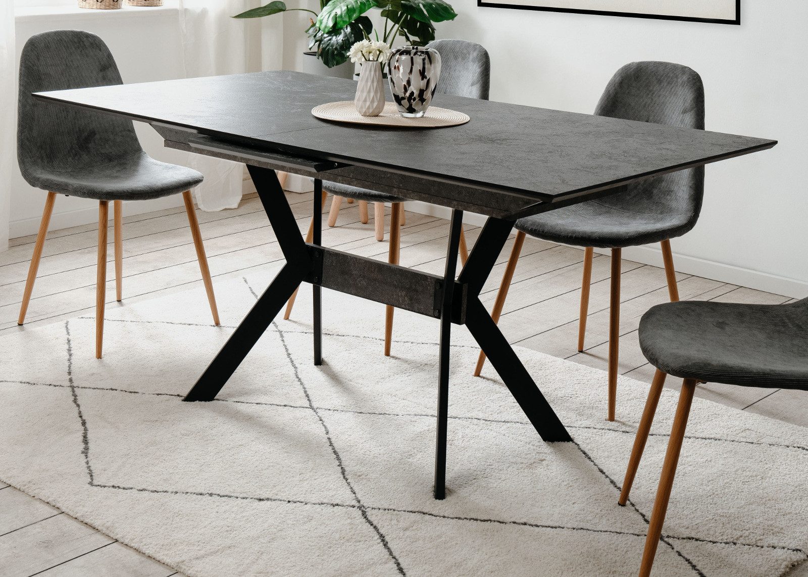 Furn.Design Esstisch Elmo (Küchentisch in Stein Dekor, ausziehbar 160 - 200 cm), mit Metallgestell und Liftauszug