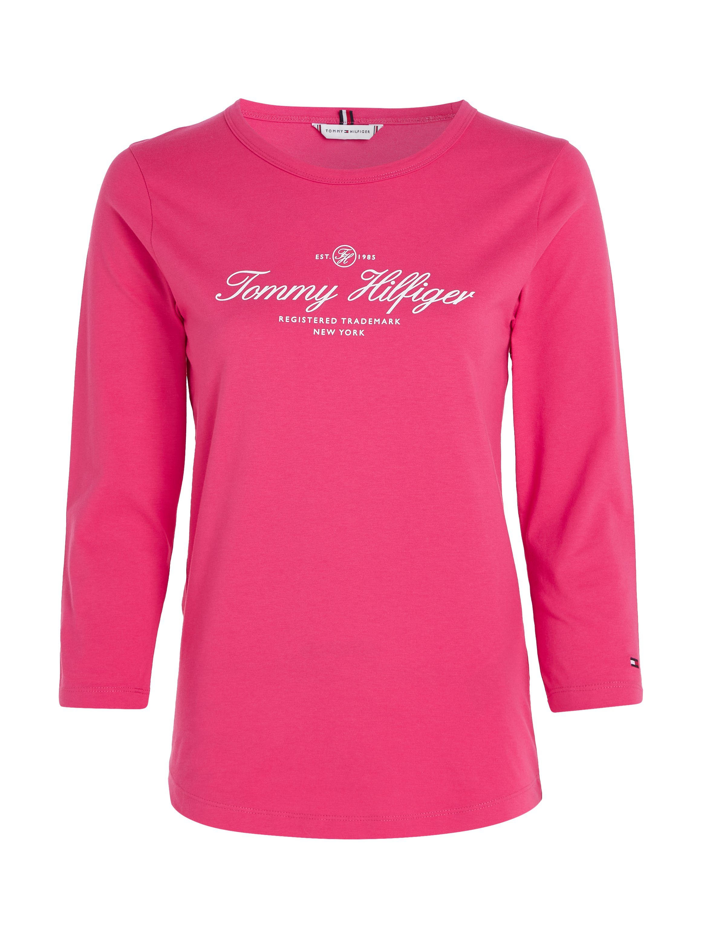 Tommy Hilfiger Langarmshirt SLIM SIGNATURE Signature OPEN Logo-Schriftzug mit Tommy Hilfiger Bright_Cerise_Pink 3/4SLV NK