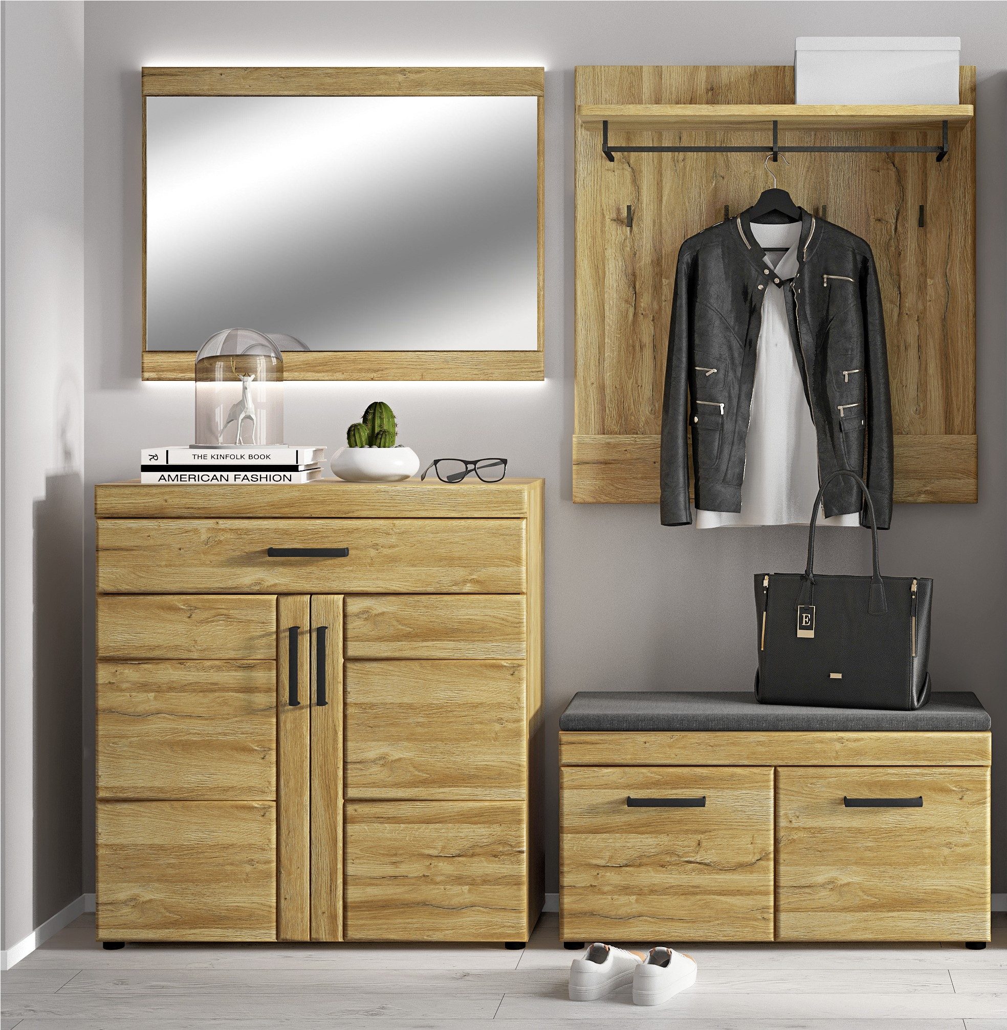 freiraum Garderoben-Set Cortina, (4-teilig), (4-teilig) Grandson Eiche - 190x195x38 BxHxT