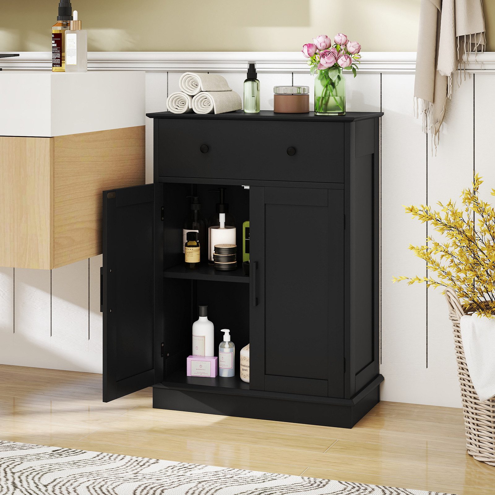 COSTWAY Badkommode, Badezimmerschrank mit Schublade, verstellbarem Regal