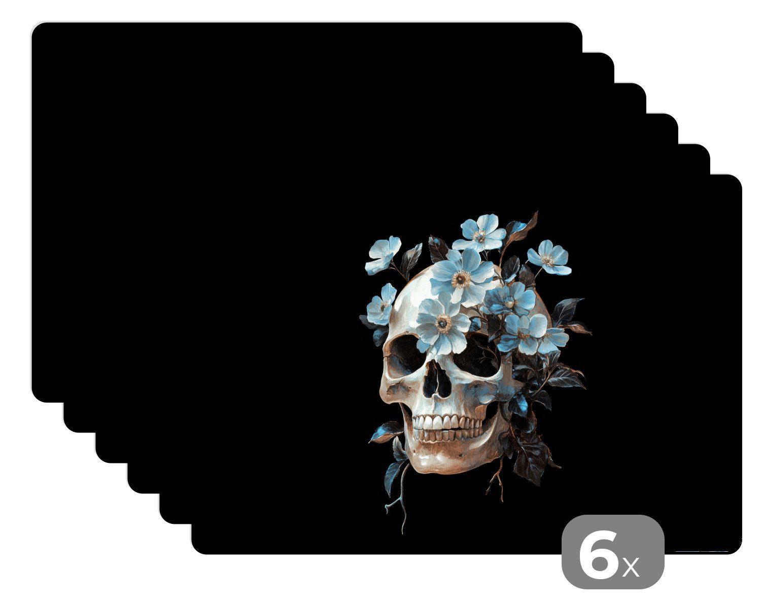 MuchoWow Platzset Totenkopf - Blau - Blumen - Blätter, (6-St), Platzsets, Tischset, Abwaschbar, Tischsets, Platzdeckchen